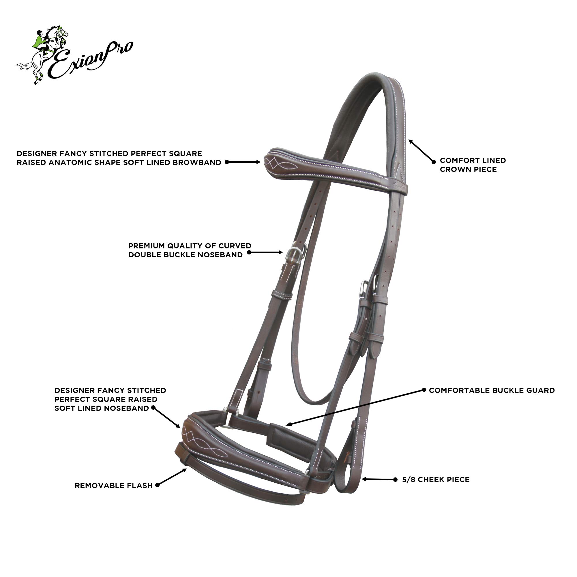 Premium Exion Horse Dressage Bridle - Soft Padded Anatomic Crank Noseband with Reins & Brass Buckles for Equestrian Training & Show Jumping | Comfort Fit for Dressage & Horse Riding Competitions