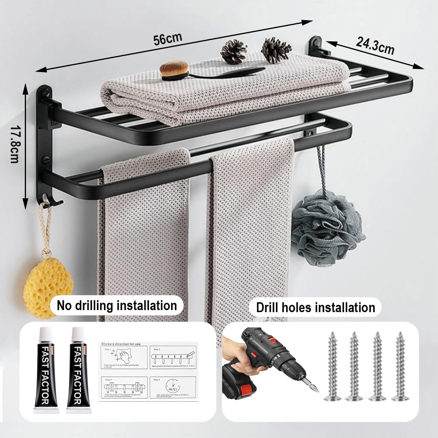 No Drill Foldable Towel Rack - 24 Inch Stainless Steel Wall Mounted Bathroom Towel Holder - Matte Black Space Saving Bathroom Accessories for Small Spaces, Apartments & Dorms - Perfect for Showers, Vanities & Laundry Rooms