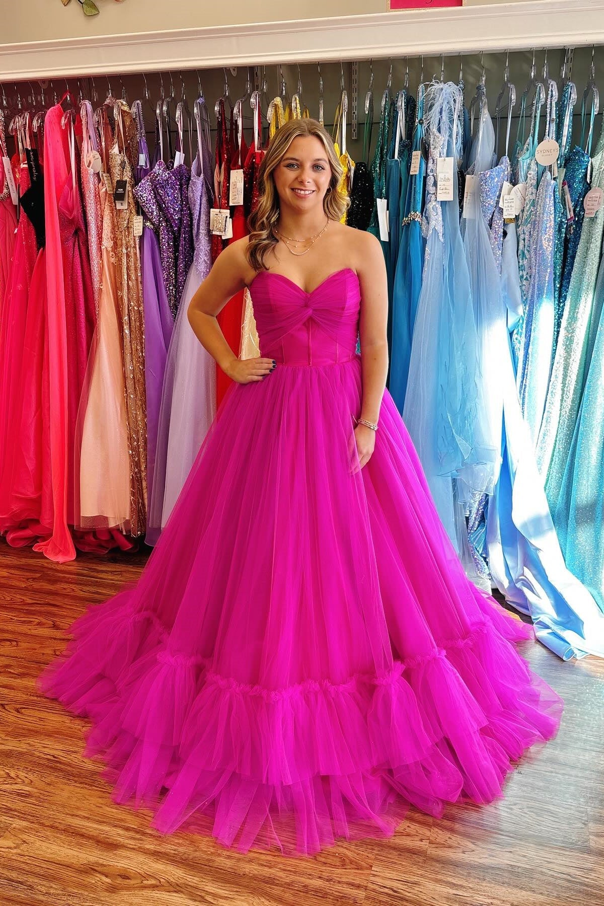 Elegant Hot Pink Long Tulle Strapless Prom Dress with Ruffles - Perfect for Homecoming, Formal Dances & Special Occasions