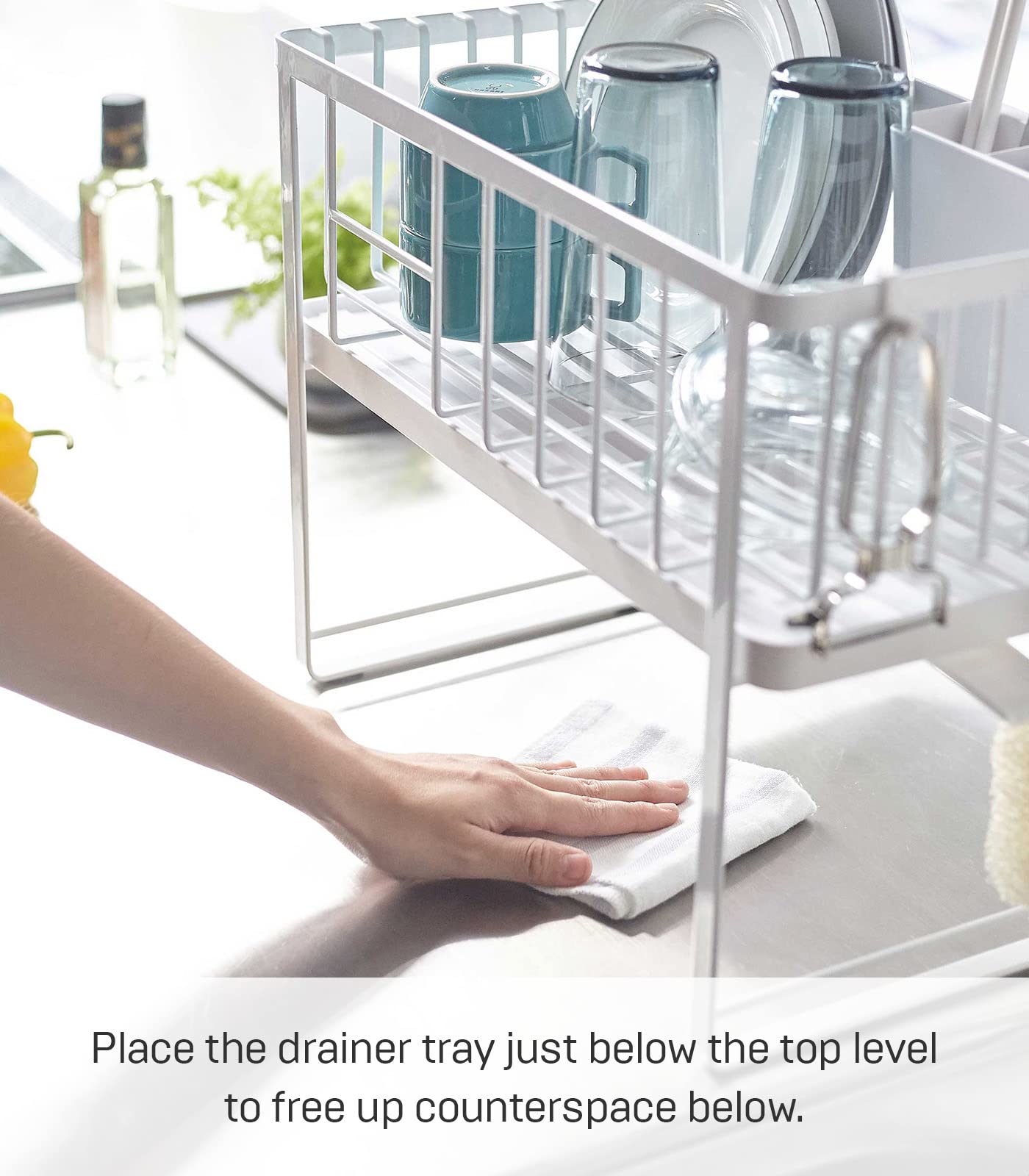 Yamazaki Home Two-Tier Adjustable Dish Drying Rack - Compact Steel Kitchen Organizer with Hooks & Utensil Holder - Water Resistant, No Assembly Required - Perfect for Small Spaces, Countertop Organization & Dish Drainage - White