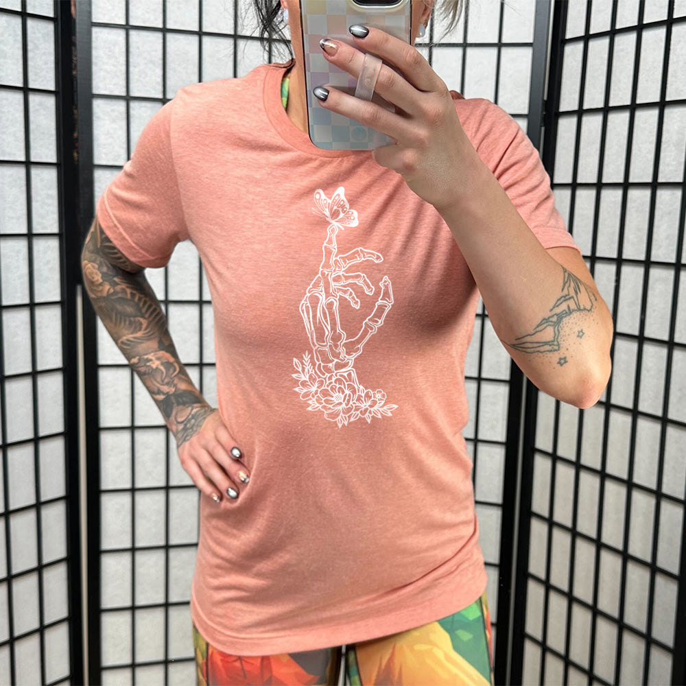 Skeleton Hand Butterfly Graphic T-Shirt for Men & Women | Gothic Style Unisex Tee for Halloween, Concerts & Casual Wear