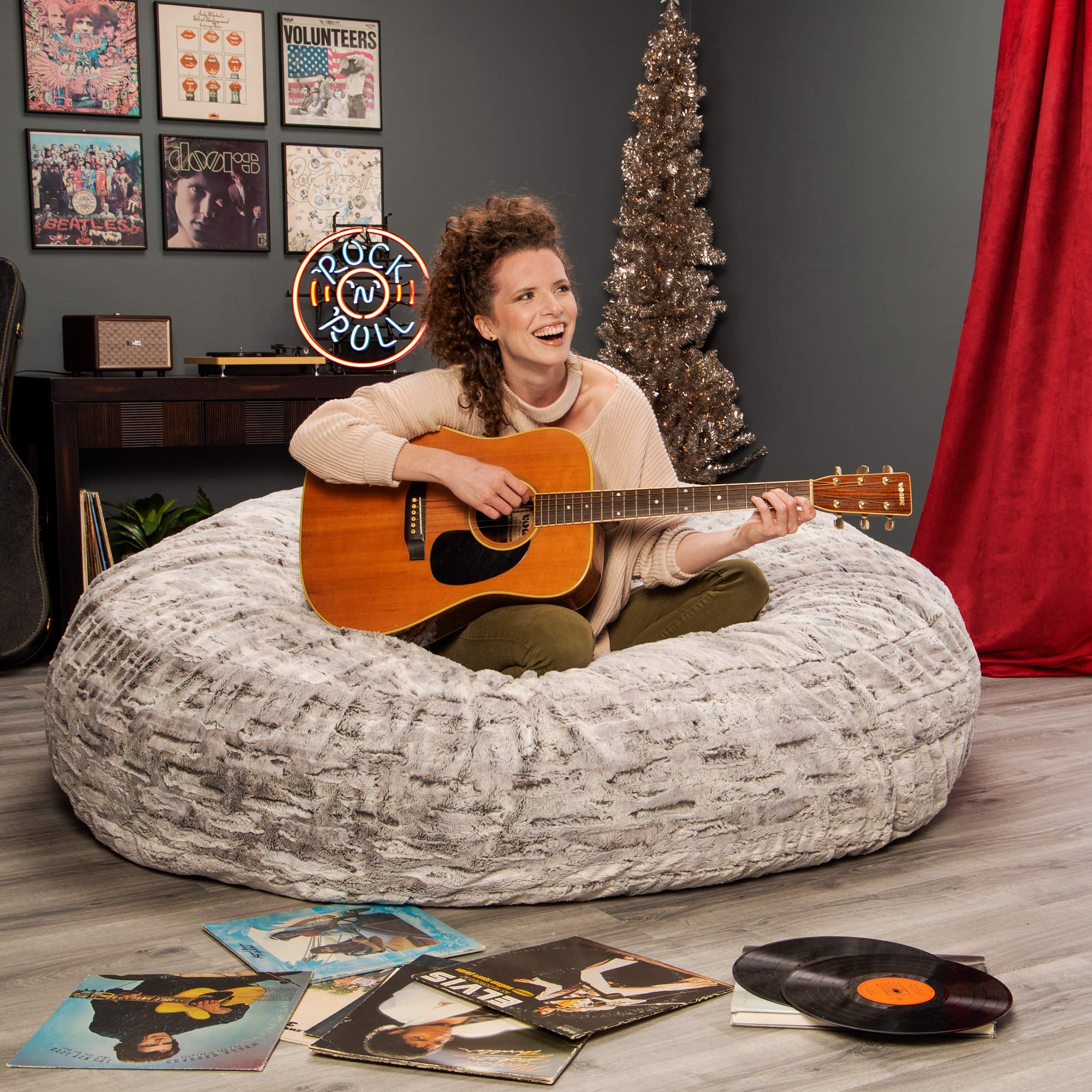 Jaxx 6 Foot Cocoon - Extra Large Bean Bag Chair for Adults & Teens, Premium Luxe Faux Fur Cover - Silver Fox Grey - Perfect for Living Room, Bedroom, Game Room & Dorm Relaxation