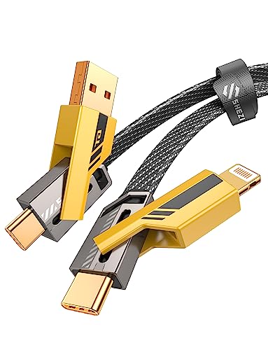 SHEZI 4-in-1 USB C Cable with Lightning Connector - MFI Certified 60W Fast Charging & Data Sync Cable - Tangle-Free Flat Braided Design for iPhone, iPad, Samsung - Includes Lightning/Type C/USB A Ports (5ft, Yellow) - Perfect for Home, Office, Travel & Car Charging