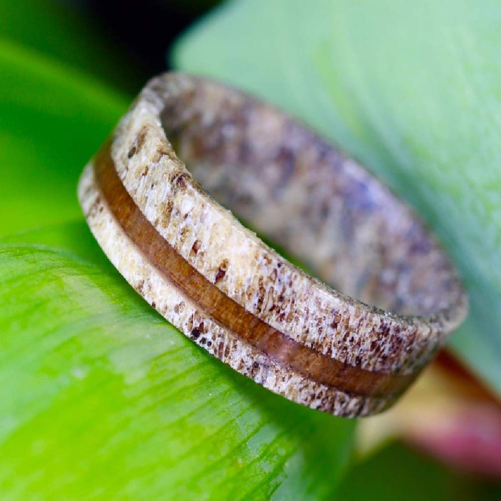 Pure Deer Antler Ring for Men & Women - Handcrafted Brown & Grey Deer Antler Wedding Band with Koa Wood Inlay - Unique Wooden Rings for Outdoor Enthusiasts & Nature Lovers - Perfect for Camping, Hiking & Rustic Weddings