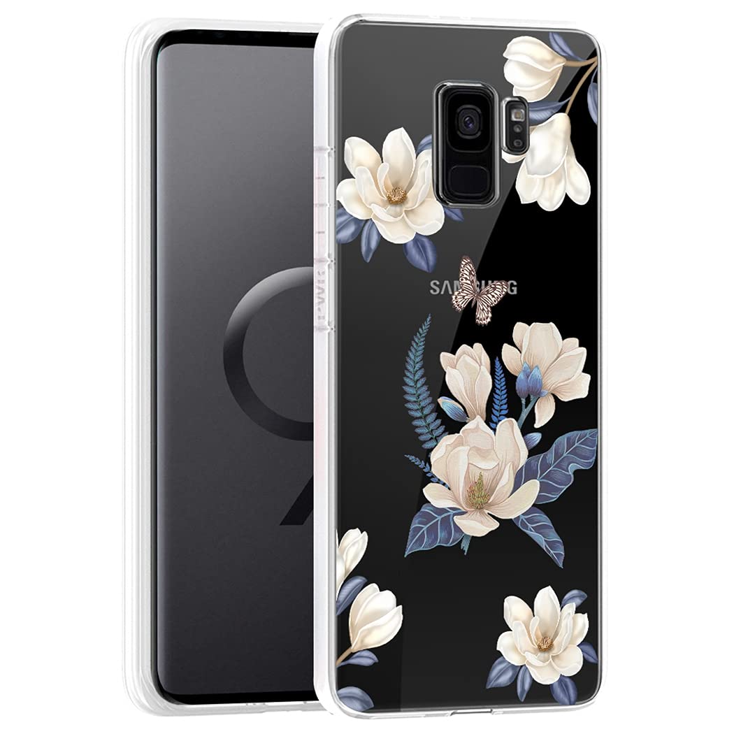Cute Clear Slim Shockproof Samsung Galaxy S9 Case for Women - Soft Flexible TPU Rubber Protective Phone Cover with Floral Pattern (White Flower) | Perfect for Everyday Use, Work & Travel Protection