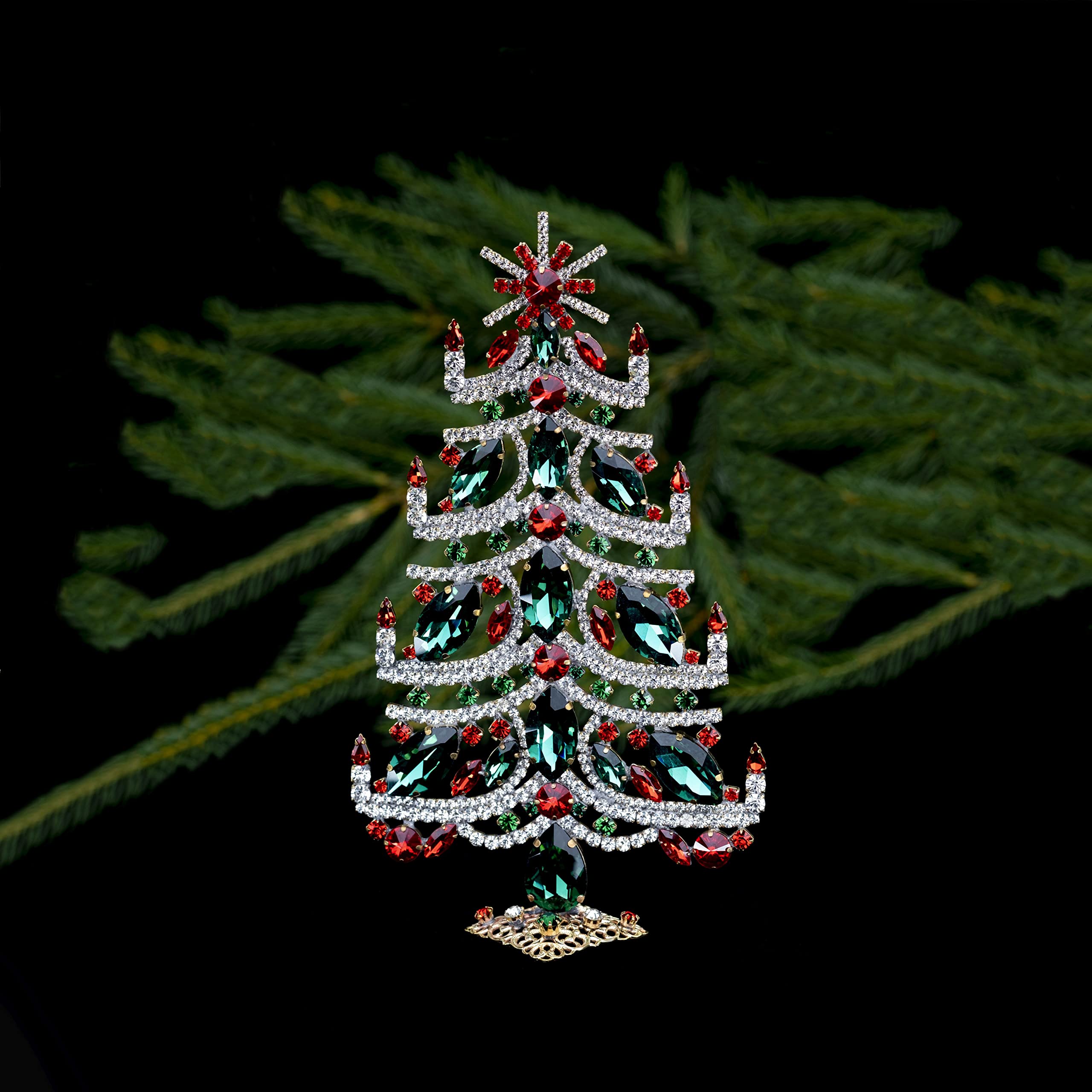 Handcrafted Bethlehem Christmas Tree with Clear, Red & Green Rhinestones - Elegant Tabletop Decor with Christmas Star & Flamed Candles | Perfect for Holiday Home Decor, Office Festive Display & Christmas Gift