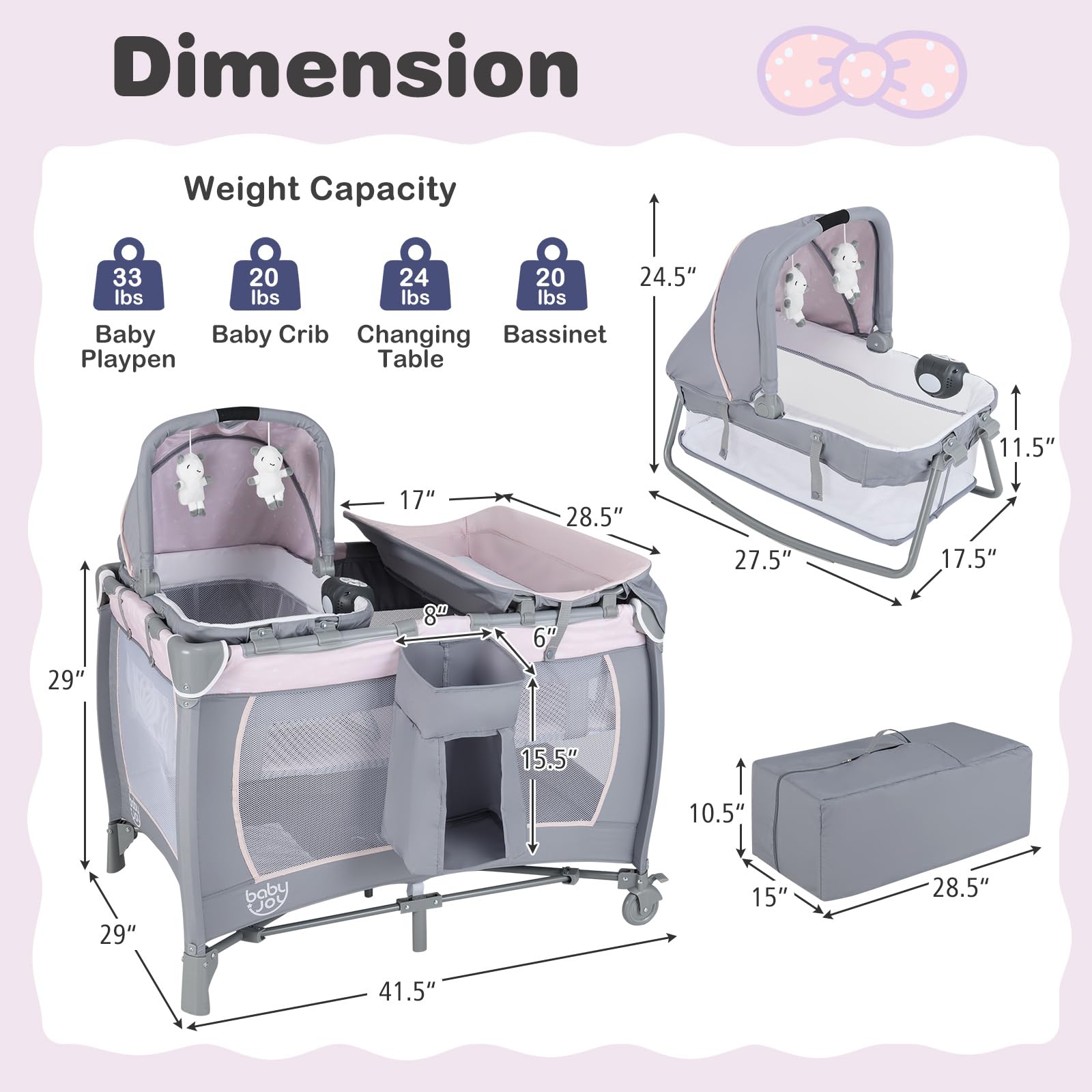 BABY JOY 5-in-1 Portable Baby Playard with Bassinet & Changing Table | Pink & Purple Starry Sky Playpen for Girls | Nursery, Travel & Home Use | Includes Toys, Music & Storage Bag