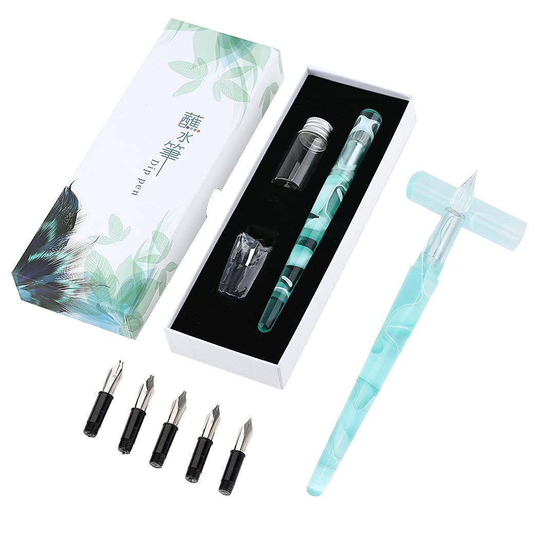 Premium Glass Dip Pen & Fountain Pen Set - 5 Interchangeable Nibs for Calligraphy, Writing & Art | Resin Acrylic Signature Pen for Artists, Journaling & Gift Giving (Elegant Green)