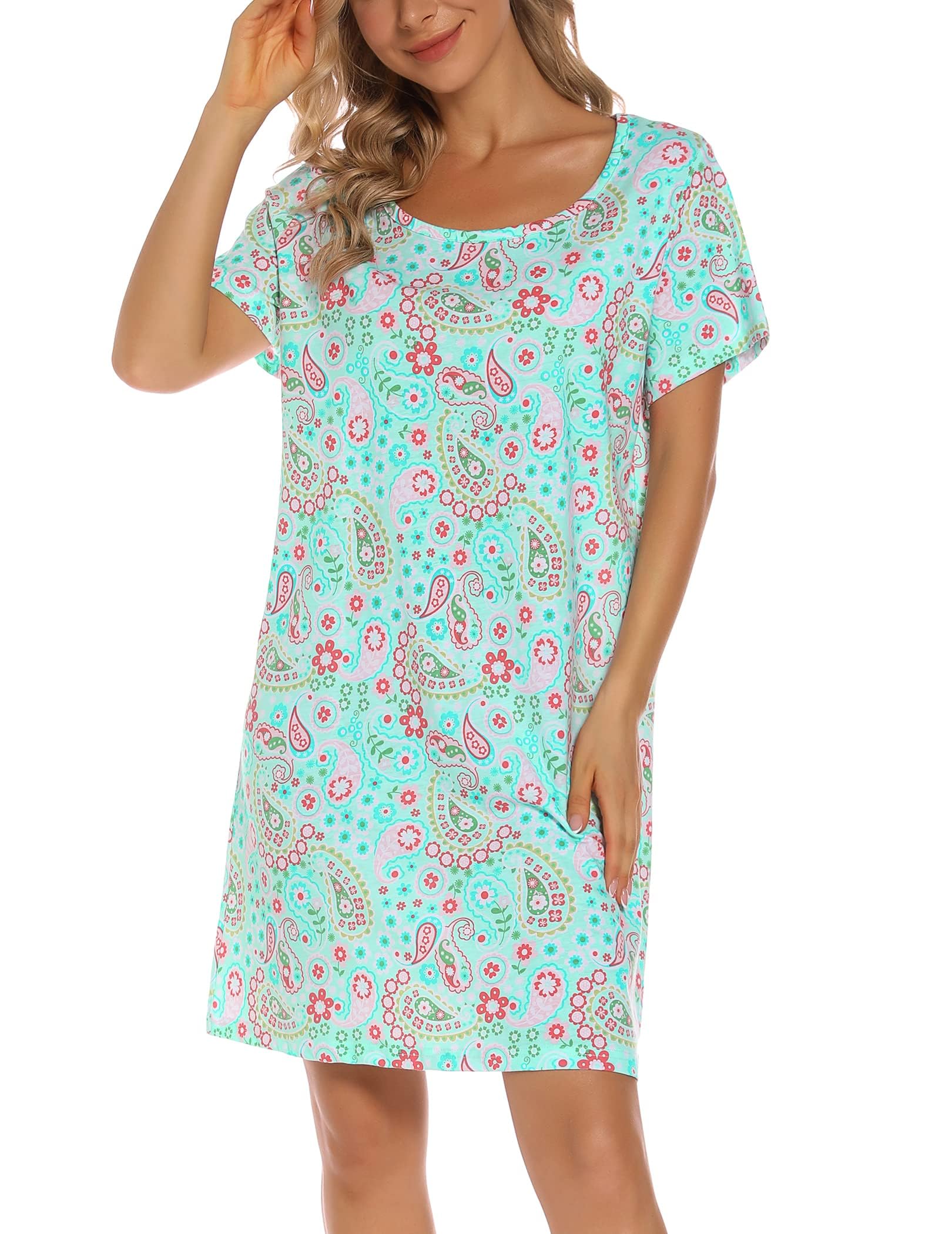ENJOYNIGHT Women's Cotton Nightgown - Soft Short Sleeve Sleepshirt with Floral Print - Comfortable Nightwear for Sleeping, Lounging & Maternity Wear