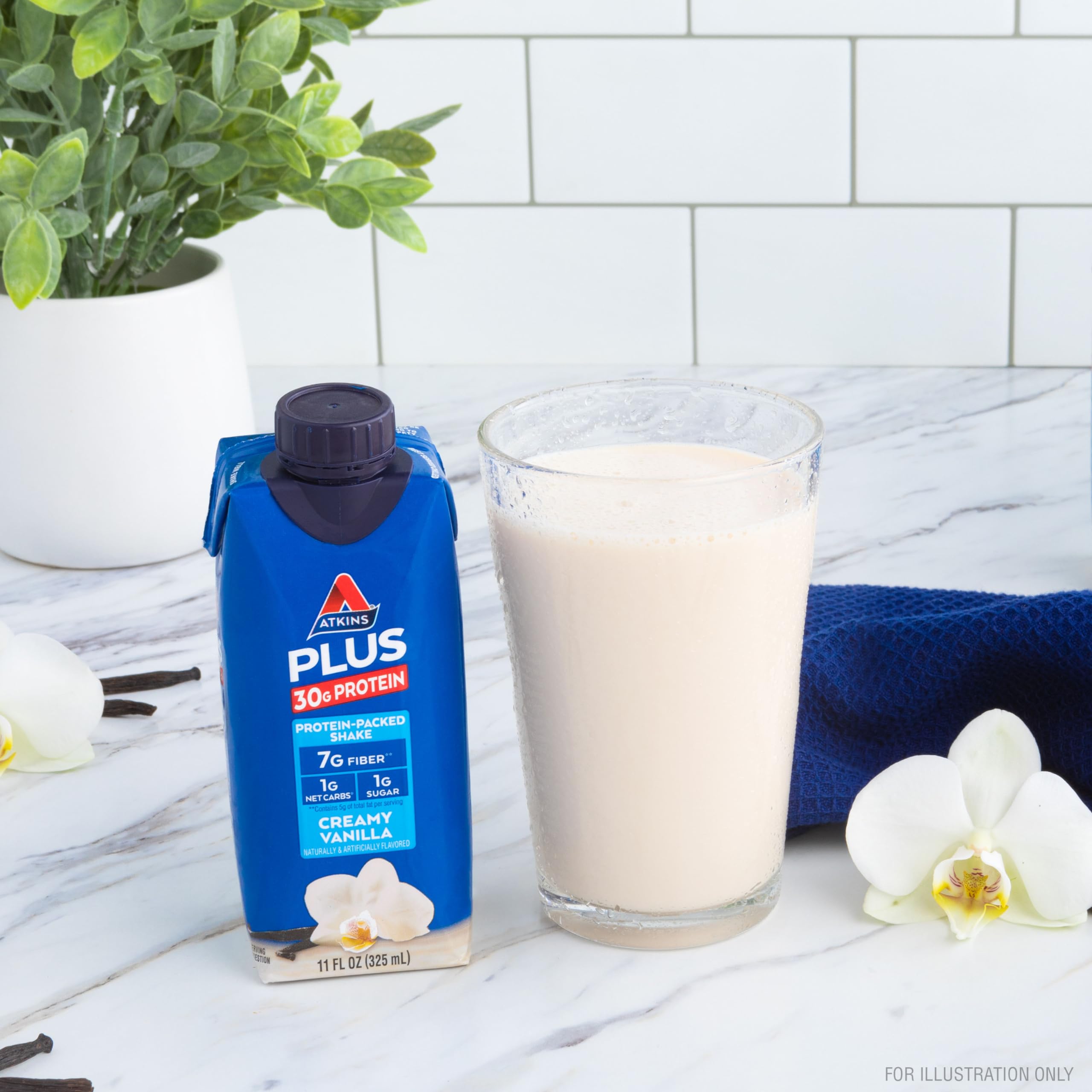 Atkins Creamy Vanilla PLUS Protein Shake - 30g Protein, 7g Fiber, 1g Net Carb | Keto & Low Carb Friendly | High Protein Drink for Weight Loss & Muscle Recovery | 12 Pack (Great for Post-Workout & Meal Replacement)