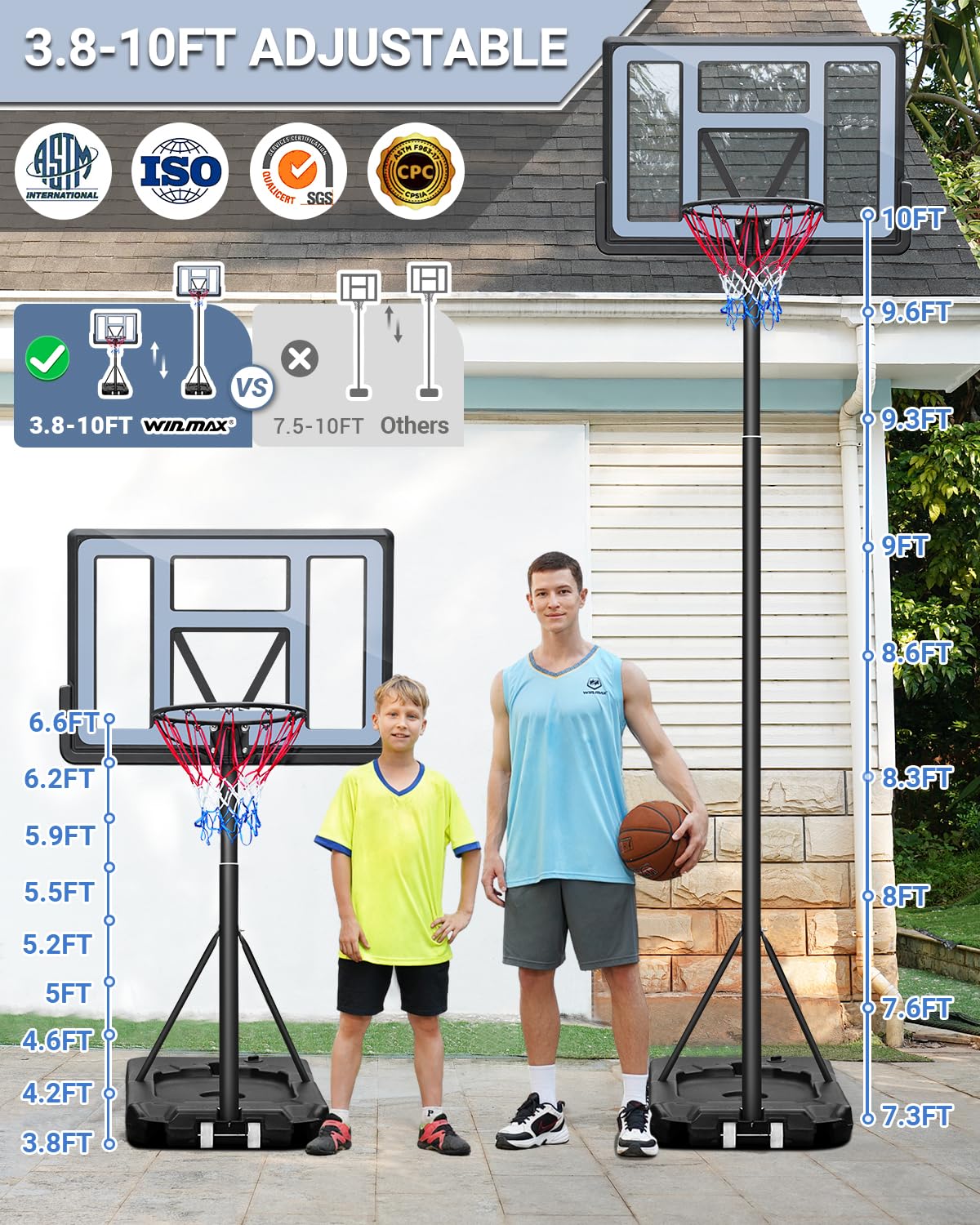 WIN.MAX Adjustable Basketball Hoop 3.8-10ft Height, 44 Inch Backboard - Portable Outdoor/Indoor Basketball Goal System for Kids & Adults - Perfect for Driveway, Backyard, Pool & Gym Use