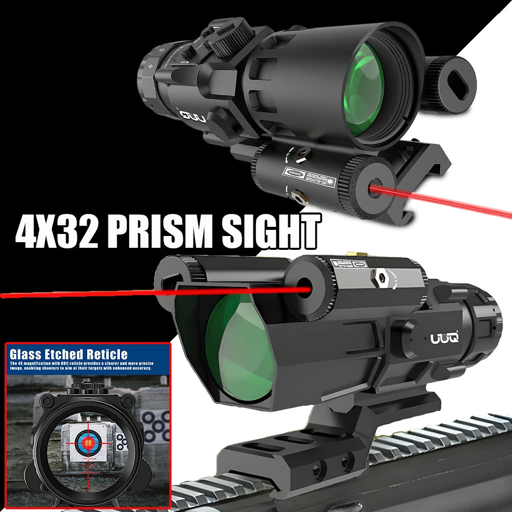 4X32 Prism Optics Rifle Scope with Red Laser - Glass Etched Reticle, 4X Magnification - Fits 20mm Free Mounts - Perfect for Hunting, Shooting & Tactical Use