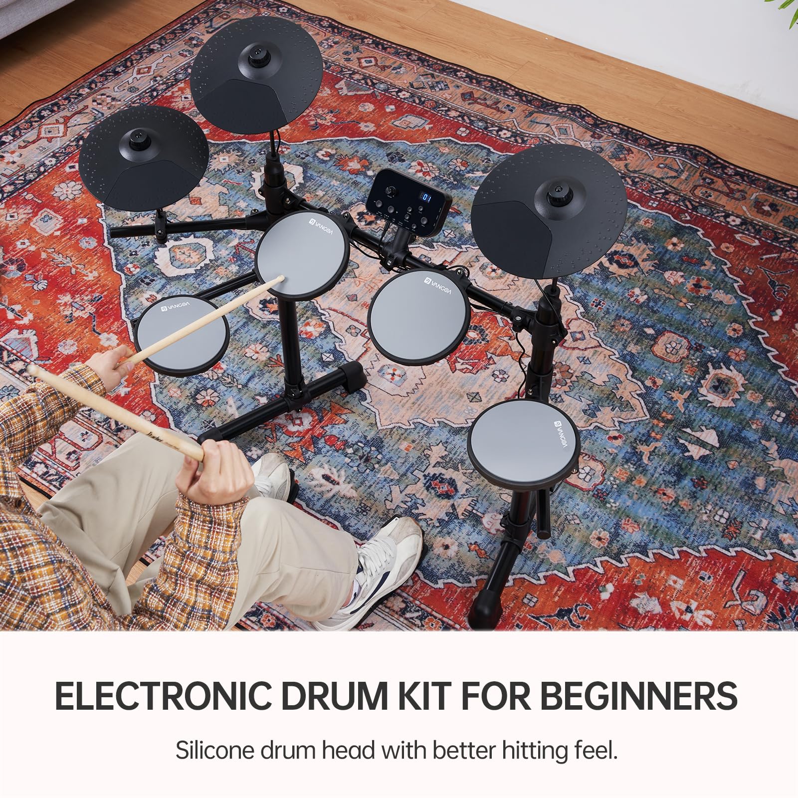 Vangoa 8-Piece Electronic Drum Set for Adults & Beginners - Quiet Drum Pads, 2 Cymbals, 150 Sounds, Headphone Jack & Lightweight Pedals - Perfect for Home Practice, Studio Recording & Music Learning (Gray)