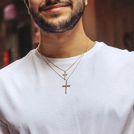 Solid Gold Cross Necklace for Men - Religious Jewelry Gift for Baptism, Wedding & Everyday Wear