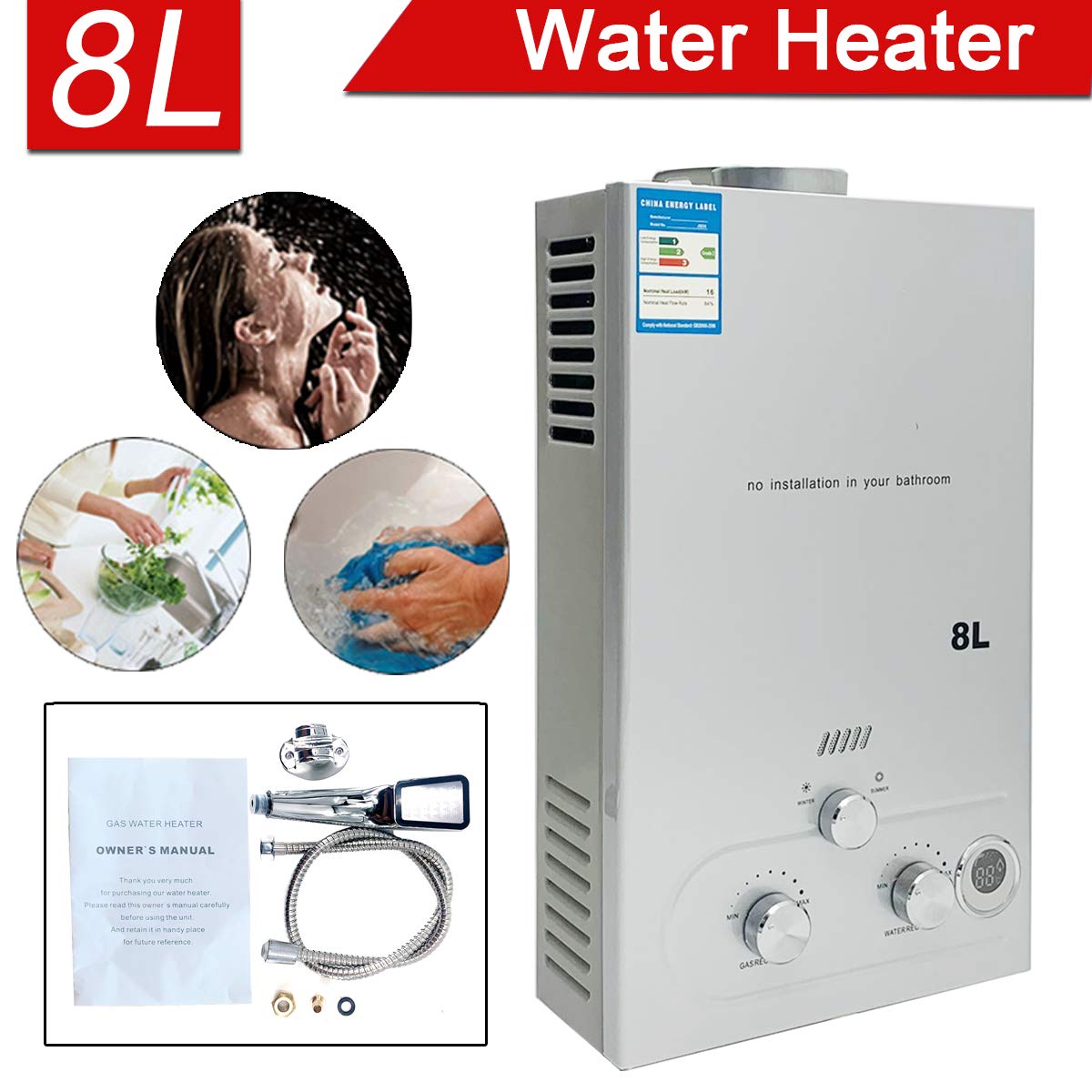 Portable 8L 16KW Propane Gas Tankless Water Heater for Camping & Outdoor Showers - Instant Hot Water On Demand - Perfect for RV, Hiking, Beach & Off-Grid Living (Silver)