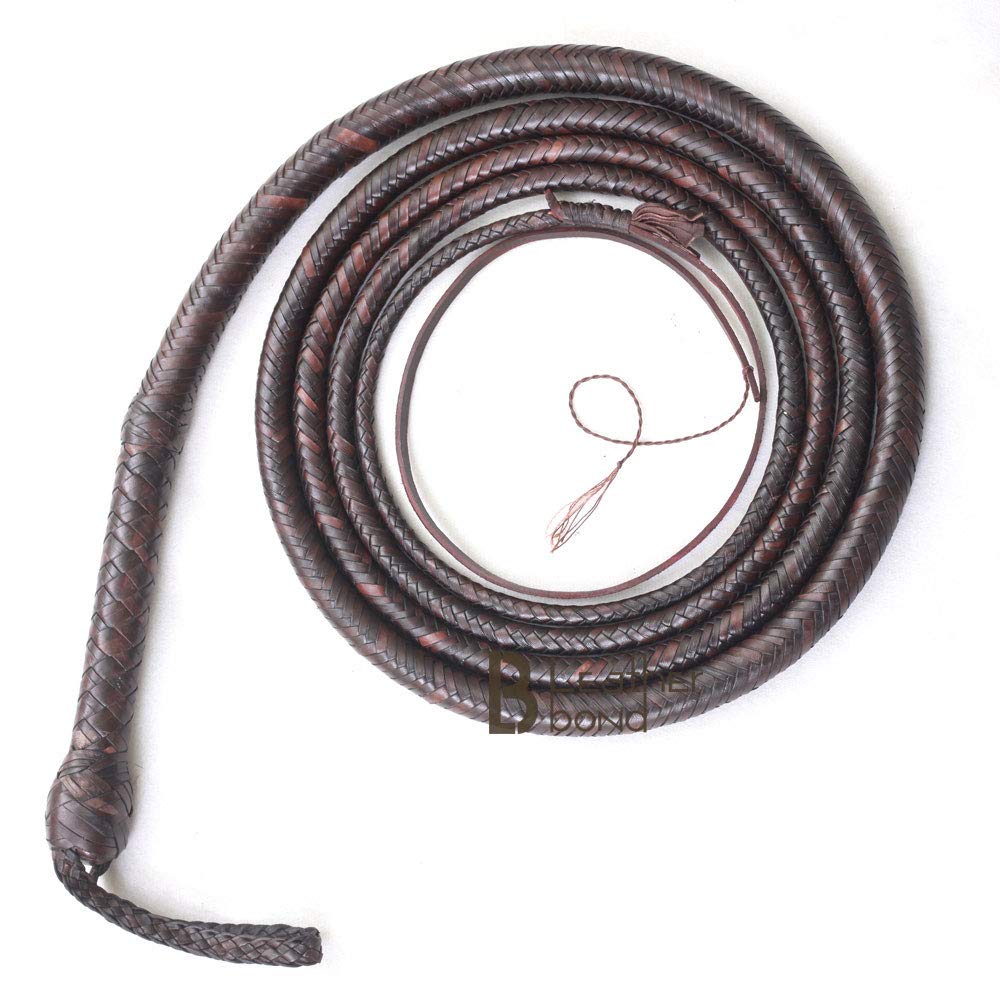 16 Foot Kangaroo Hide Leather Bullwhip - 16 Plaits with Leather Belly & Bolster - Dark Brown Equestrian Whip for Indiana Jones Costume, Training, and Performance