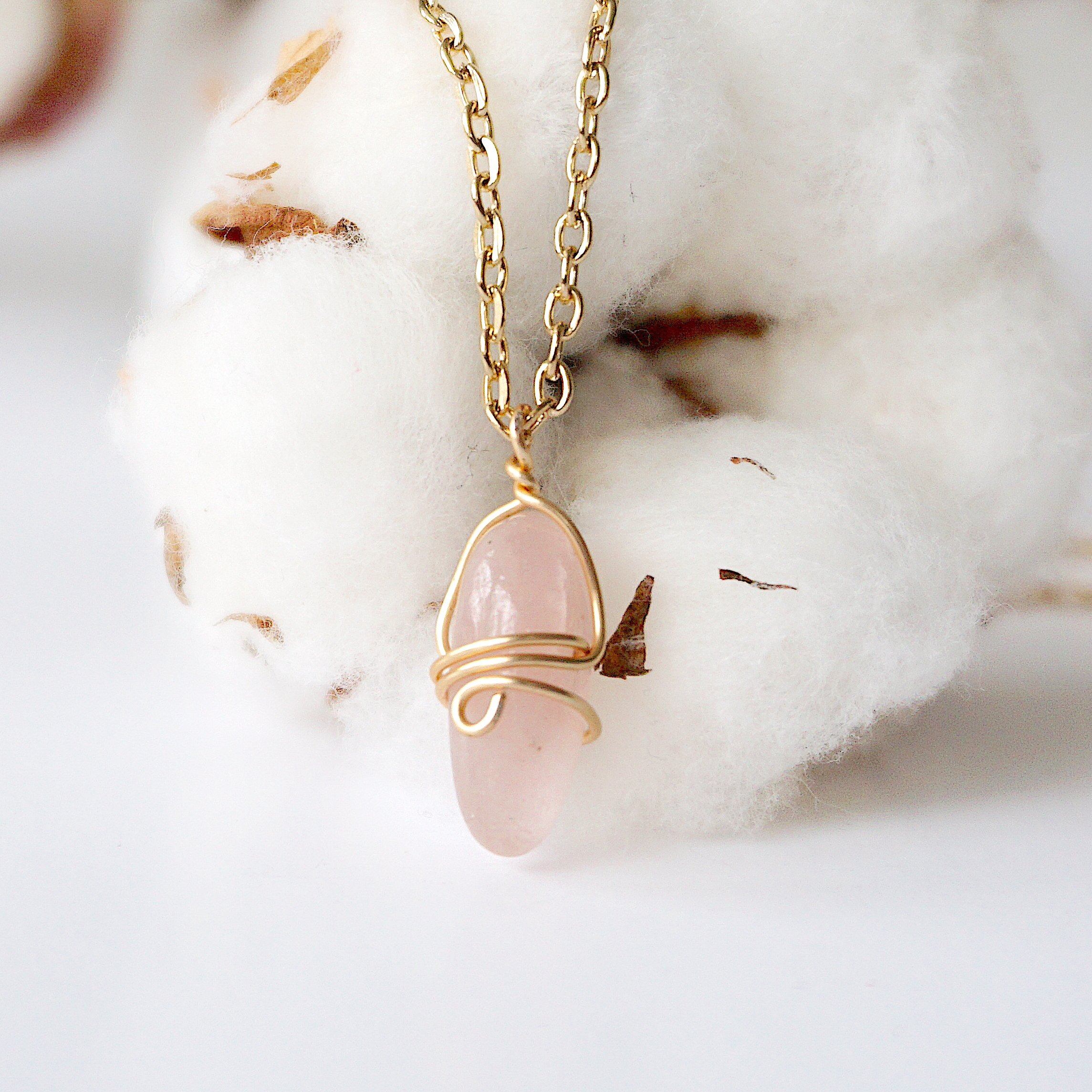Rose Quartz Necklace - Gold Plated Brass Wrapped Charm Necklace for Women, Healing Crystal Jewelry Gift for Her - Perfect for Meditation, Yoga & Spiritual Wellness