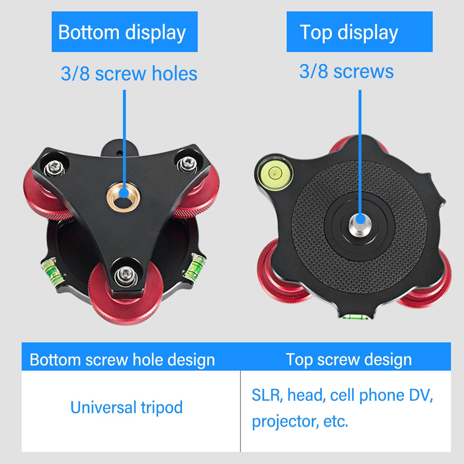 Aluminum Tripod Head Leveling Base - 3 Axis Triple Wheel Leveler Stand with 3/8
