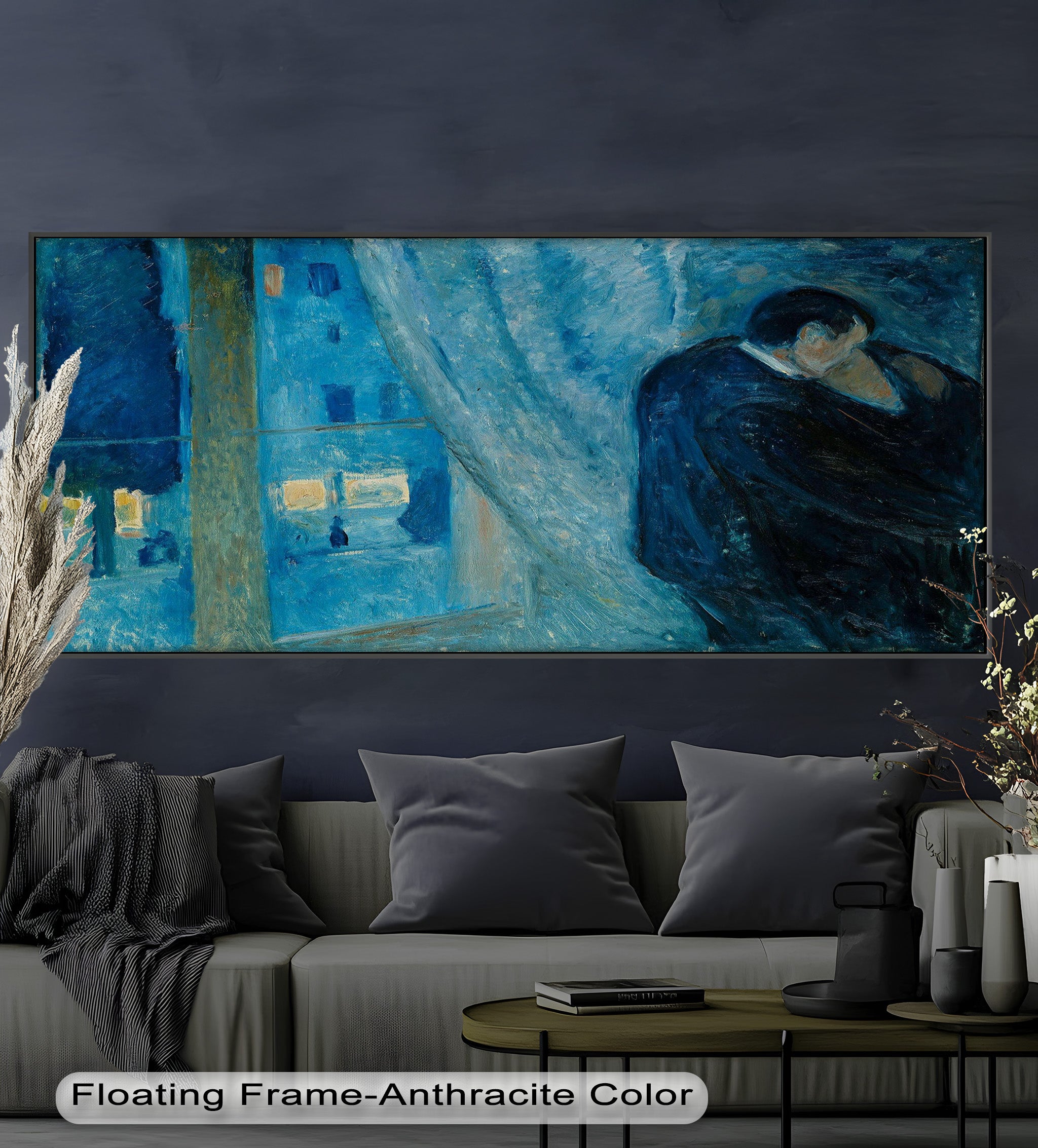 Blue Lovers by the Window - Handmade Expressionist Oil Painting on Canvas - Romantic Wall Art for Living Room, Bedroom & Office Decor
