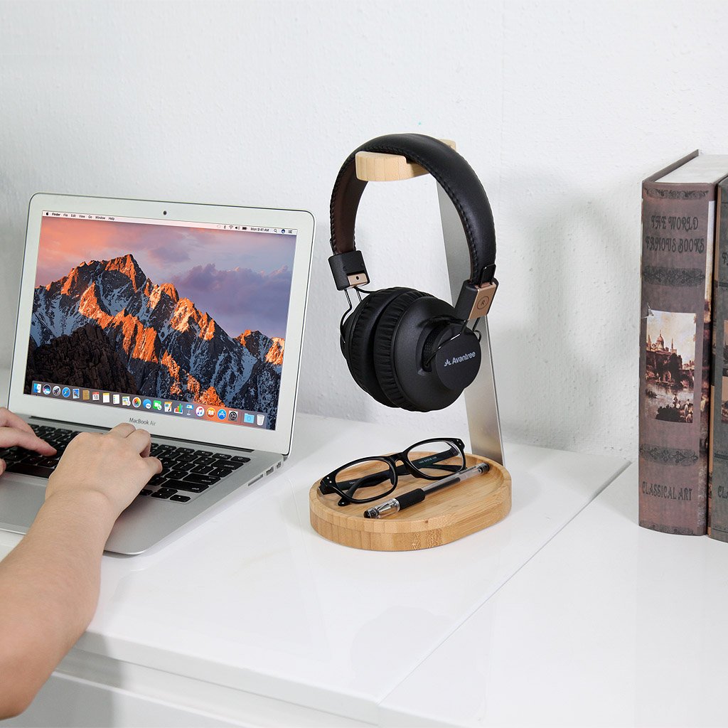 Avantree Universal Wooden & Aluminum Headphone Stand with Cable Holder - Durable Desk Mount for Sony, Bose, Shure, Jabra, JBL, AKG & Gaming Headsets - Perfect for Office, Home & Gaming Setup (TR902)