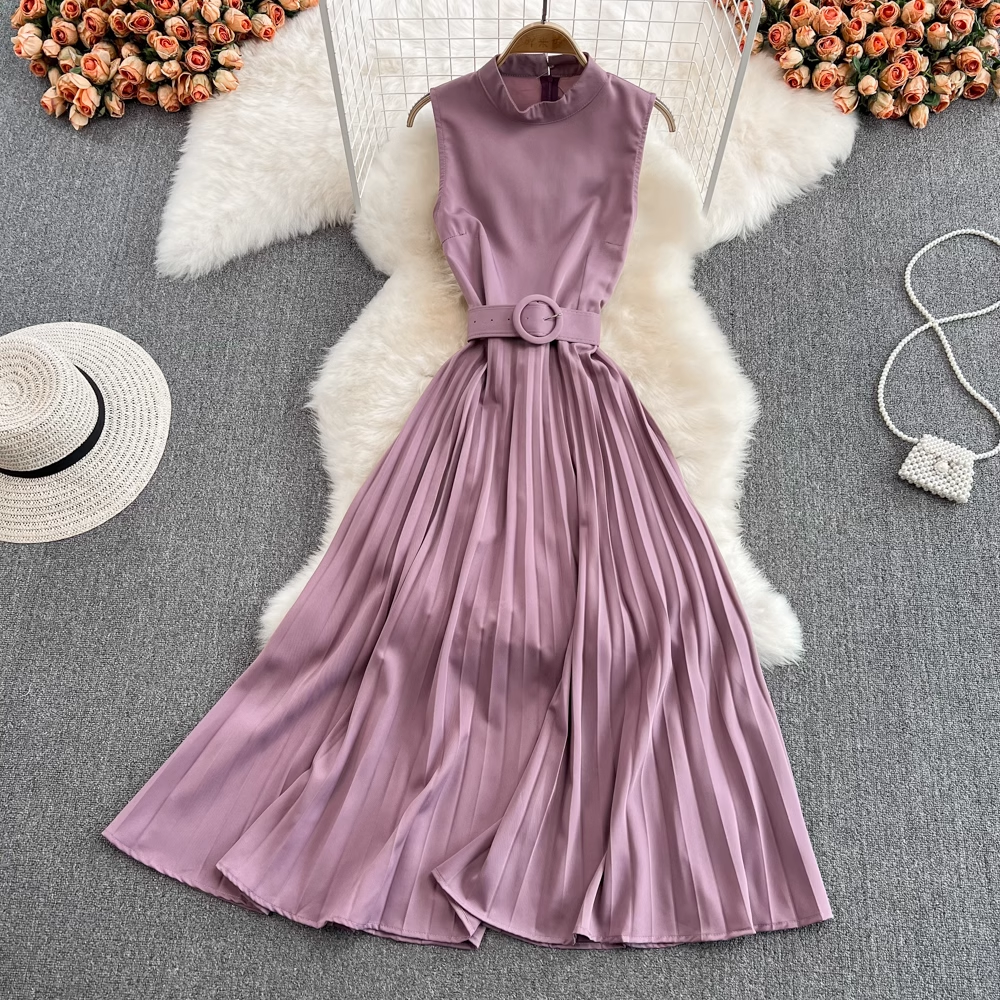 Fairy A-Line Sleeveless High Waist Pleated Dress for Women - Summer Flowy Midi Dress with Pockets | Perfect for Beach Vacations, Date Nights & Outdoor Parties
