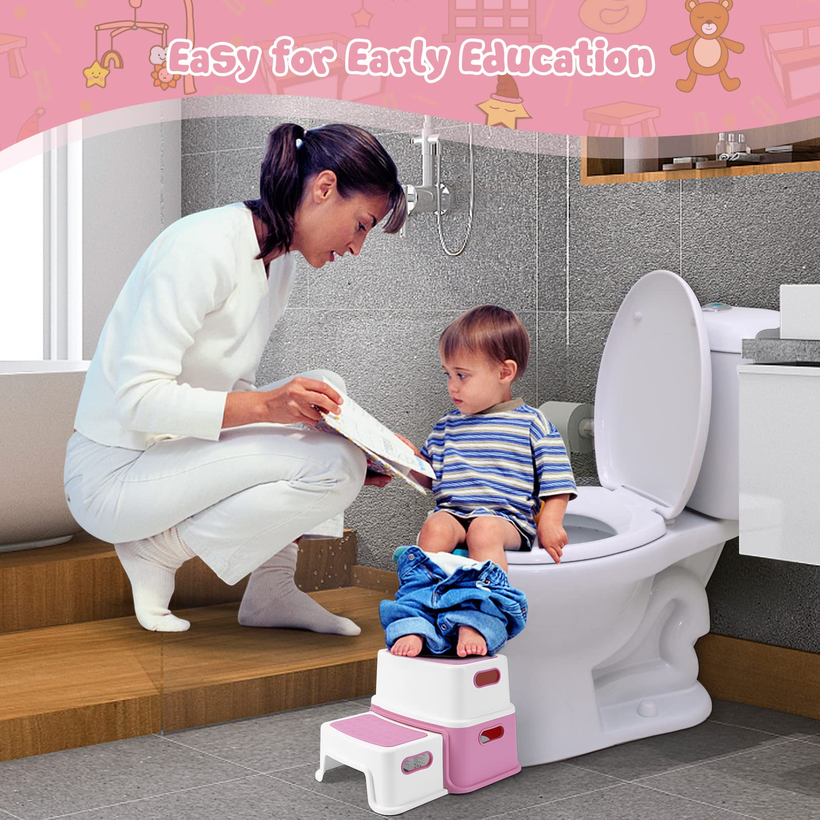 GARVEE 2-Step Toddler Stool for Potty Training & Bathroom Use - Non-Slip Kids Step Stool with ABC/Numbers - Perfect for Toilet Training, Kitchen & Bathroom Safety (Pink)