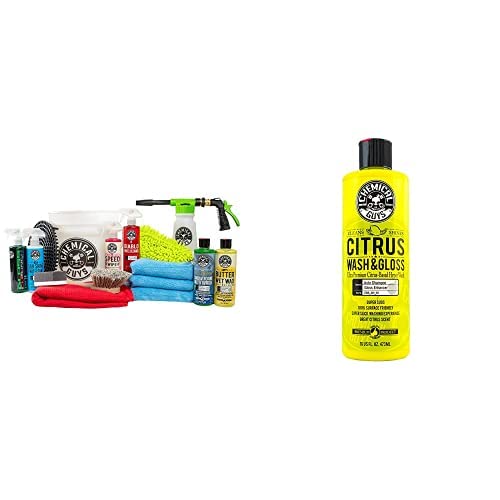 Chemical Guys CWS_301_16FG 16-Piece Car Wash Kit with Foam Gun, Bucket & 6 Car Care Chemicals (16 oz Each) - Includes Citrus Wash & Gloss Foaming Soap - Works with Garden Hose - Perfect for Home Car Detailing & Professional Auto Cleaning