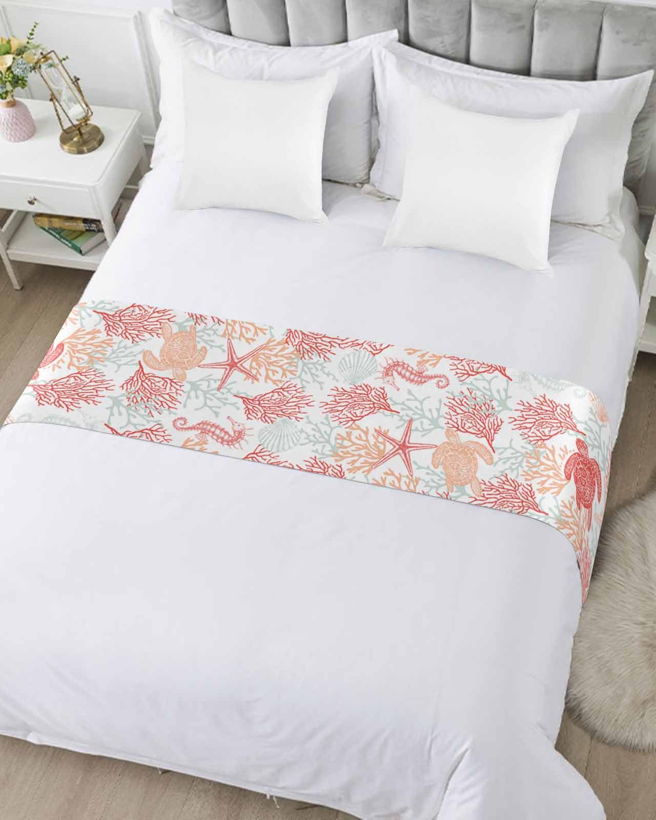 Red Orange Coastal Bed Runner for Full/Queen Bed - 83x20 Inch Nautical Coral Beach Bedspread Protector, Slipcover Bed Scarf for Foot of Bed - Perfect for Bedroom, Hotel & Wedding Decor - Sea Turtle Summer Beach Theme Home Accent
