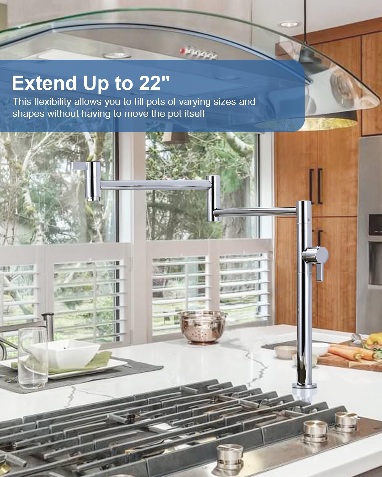 ARCORA Solid Brass Deck Mount Pot Filler Faucet - Chrome Finish, Stretchable Double Joint Swing Arm for Kitchen Sink - Perfect for Cooking, Filling Large Pots & Pans, Home Chefs & Professional Kitchens