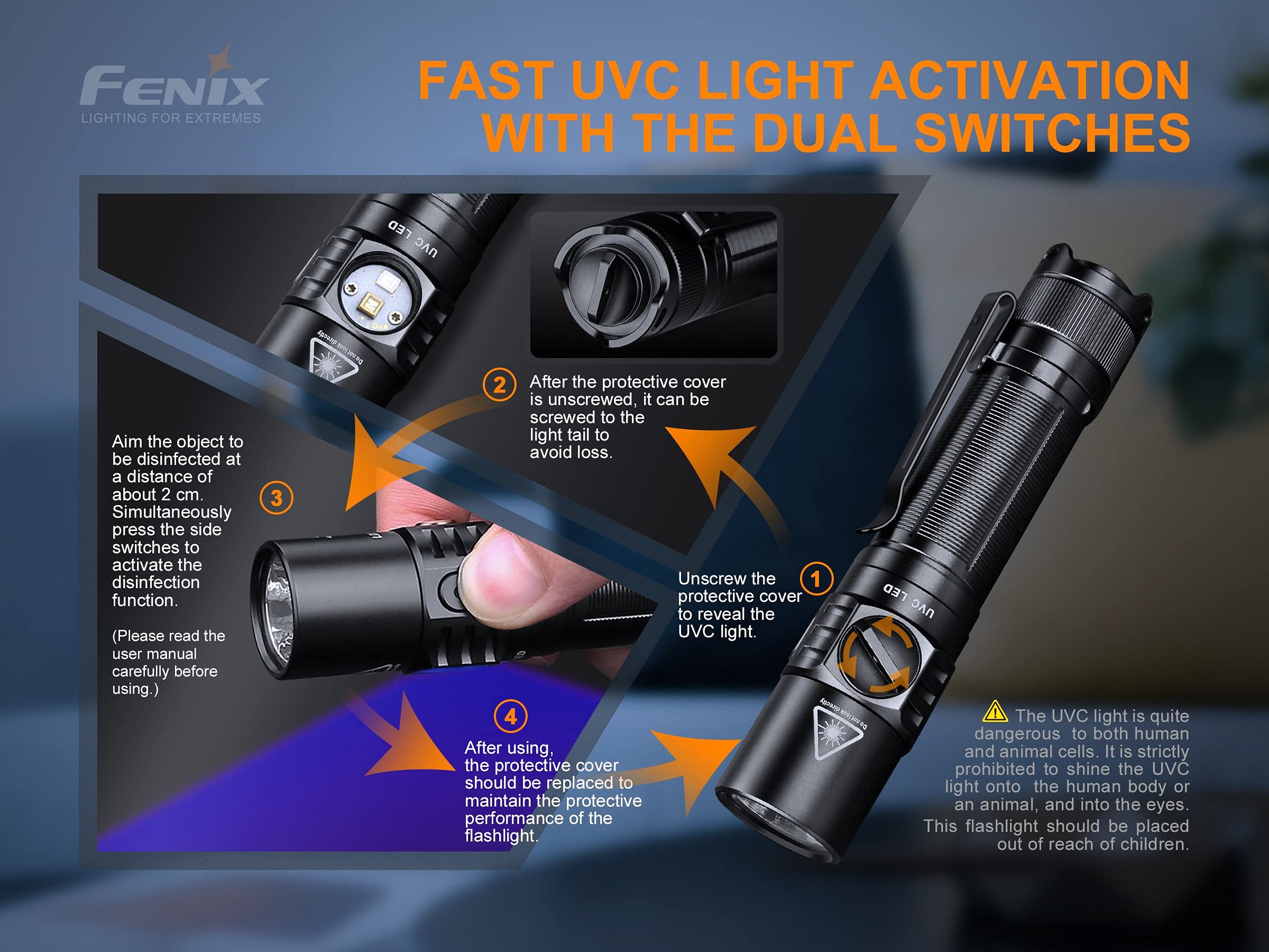 Fenix LD32 UVC 1200 Lumen USB Rechargeable LED Flashlight with Built-in UV-C Light - Includes EdisonBright Battery & Carrying Case - Perfect for Camping, Hiking, Emergency Preparedness & Disinfection