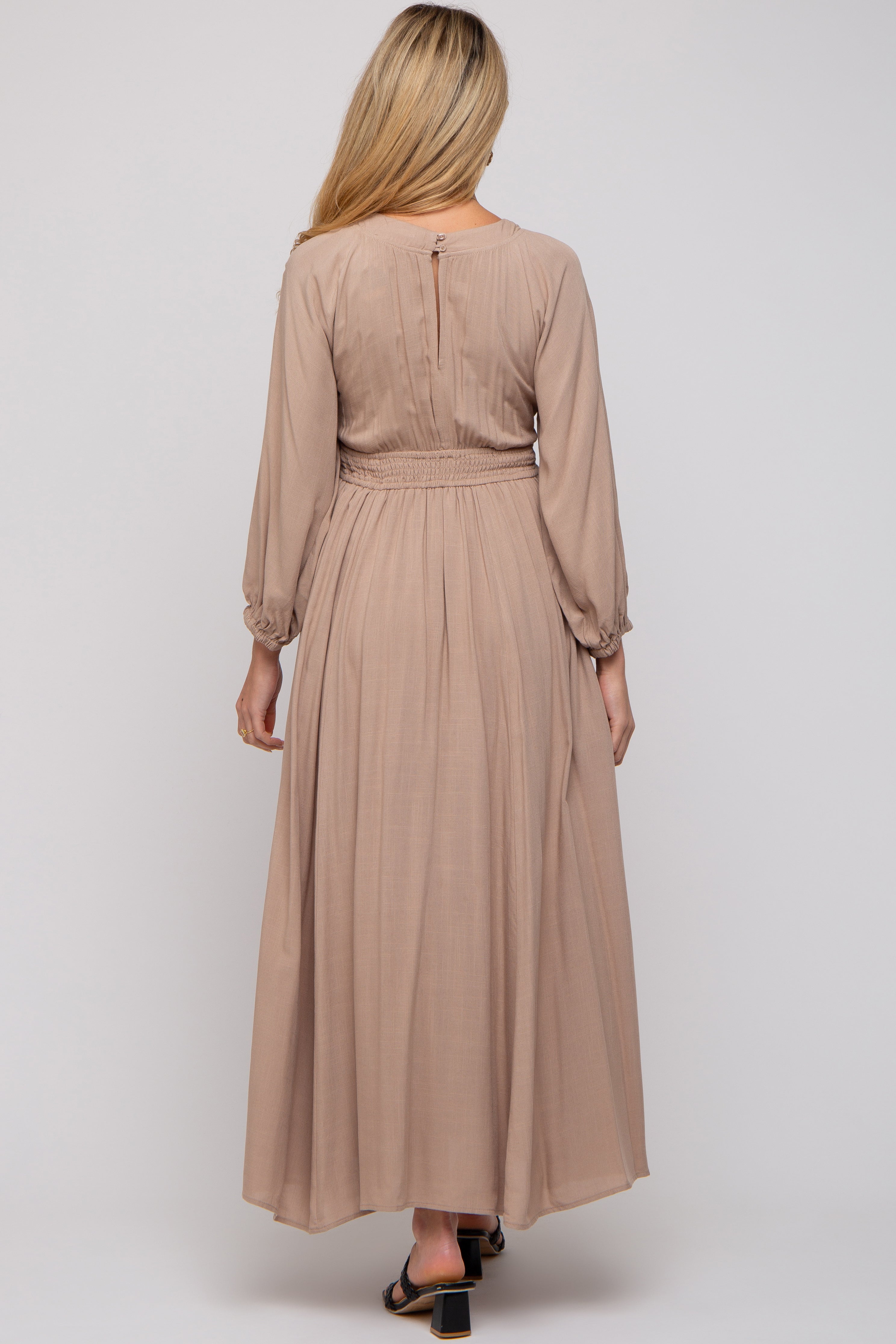 Beige Deep V Neck Smocked Waist Maternity Maxi Dress for Pregnancy - Comfortable Stretchy Flowy Long Dress for Baby Shower, Maternity Photo Shoot, Summer Vacation & Special Occasions