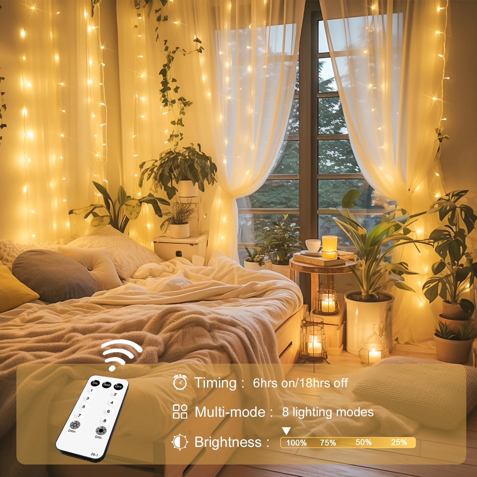 JMEXSUSS 300 LED Remote Control Christmas Fairy Curtain Lights - Indoor/Outdoor Waterproof String Lights for Window, Wall, Bedroom, Wedding & Party Decor (Warm White) - Perfect for Holiday, Backdrop & Home Decoration