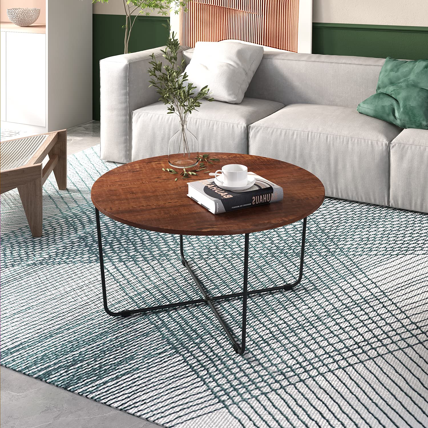 Round Wood Coffee Table with Metal Frame - 32.7 Inch Sandalwood Circle Coffee Table for Living Room, Office & Lounge - Modern Center Table for Home Decor & Small Spaces