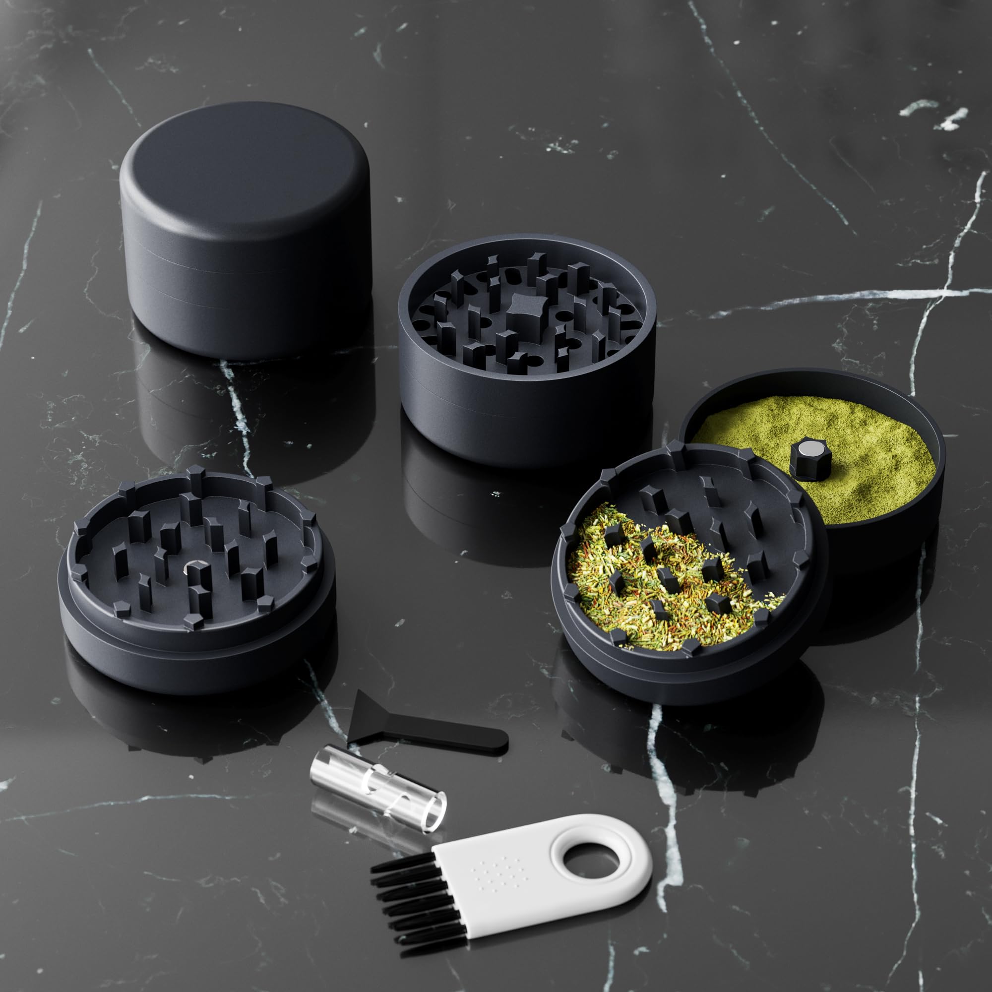 Premium Non-Stick Ceramic Herb Grinder - 3 Piece Set with Nano Ceramic Coating & Sharp Mechanism | 62mm Diameter | Includes Pollen Scraper, Brush & Mouthpiece (Anthracite) | Perfect for Grinding Spices, Herbs & Tobacco for Cooking, Baking & Smoking