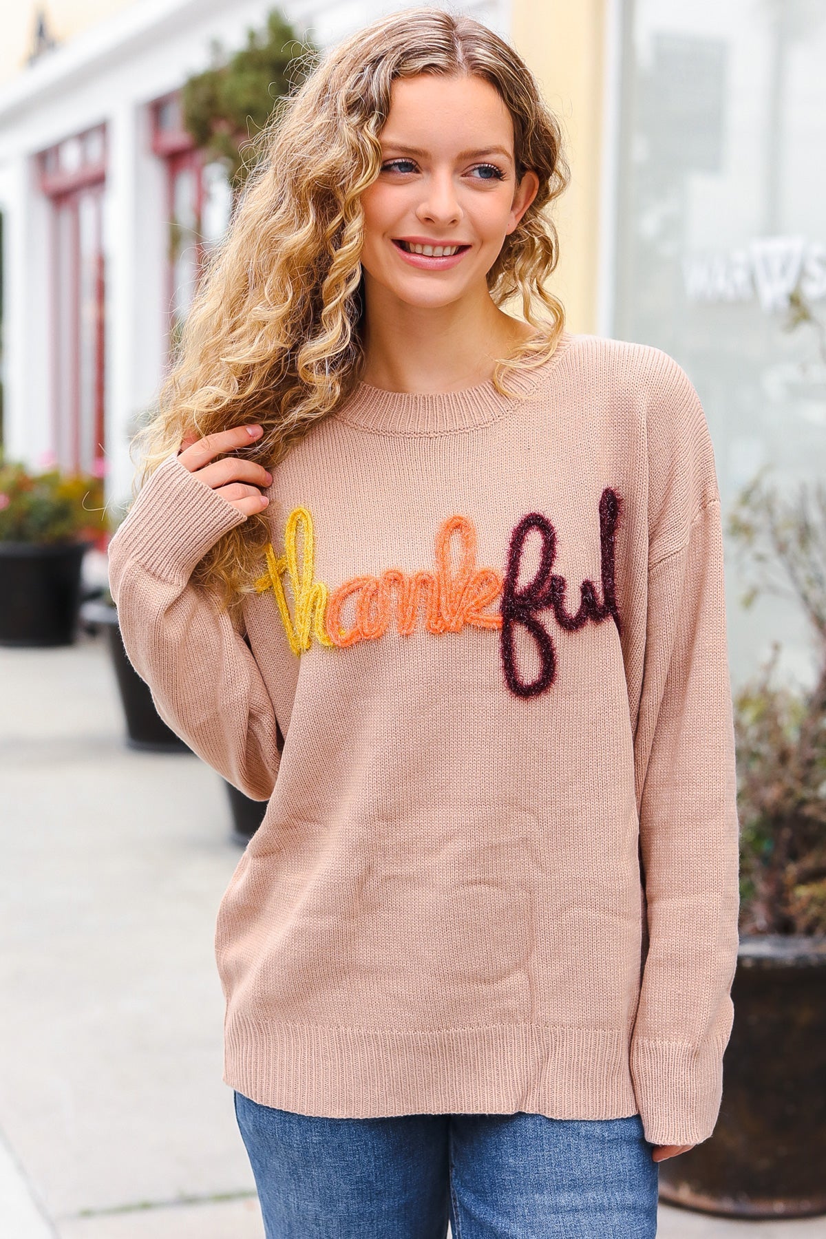 Stylish Taupe Pop-Up Glitter Embroidery Sweater for Women | Cozy Knit Pullover with Sparkle Details | Perfect for Holiday Parties & Casual Winter Outfits
