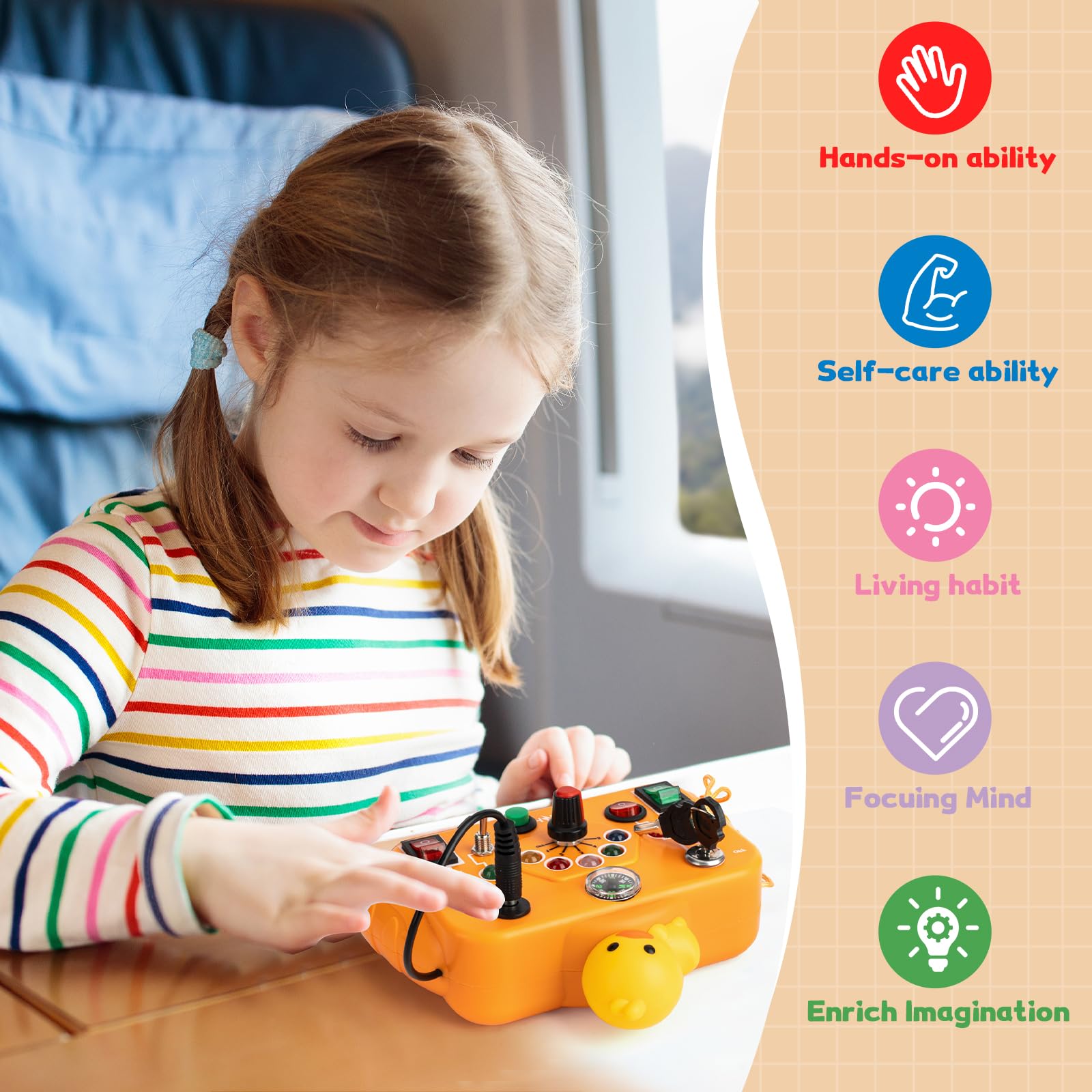 Montessori Busy Board for Toddlers - Sensory Learning Toy with 8 Switches & Activities - Perfect Travel Toy for Road Trips - Educational Gift for Boys & Girls - Ideal for Airplane, Car Rides & Home Playtime