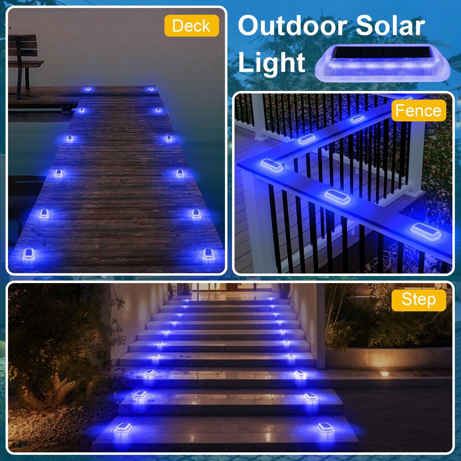 T-SUN 4 Pack Solar Step Lights - Waterproof Outdoor LED Stair Lights for Deck, Fence, Driveway, Yard, Balcony, Pathway & Front Porch | Solar-Powered Blue Lighting for Nighttime Safety & Decoration