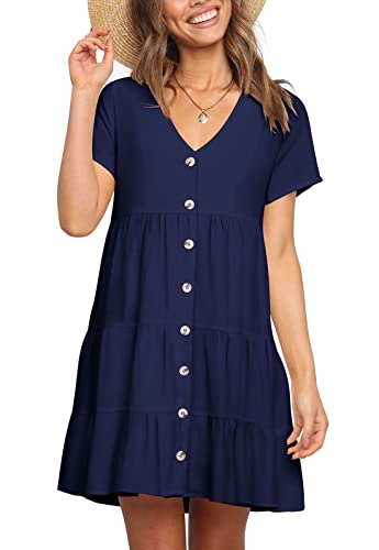 FOWSMON Women's Flowy Ruffle Dress - Short Sleeve V-Neck Loose Swing Dress with Floral Print | Perfect for Summer Outfits, Beach Vacations & Casual Occasions