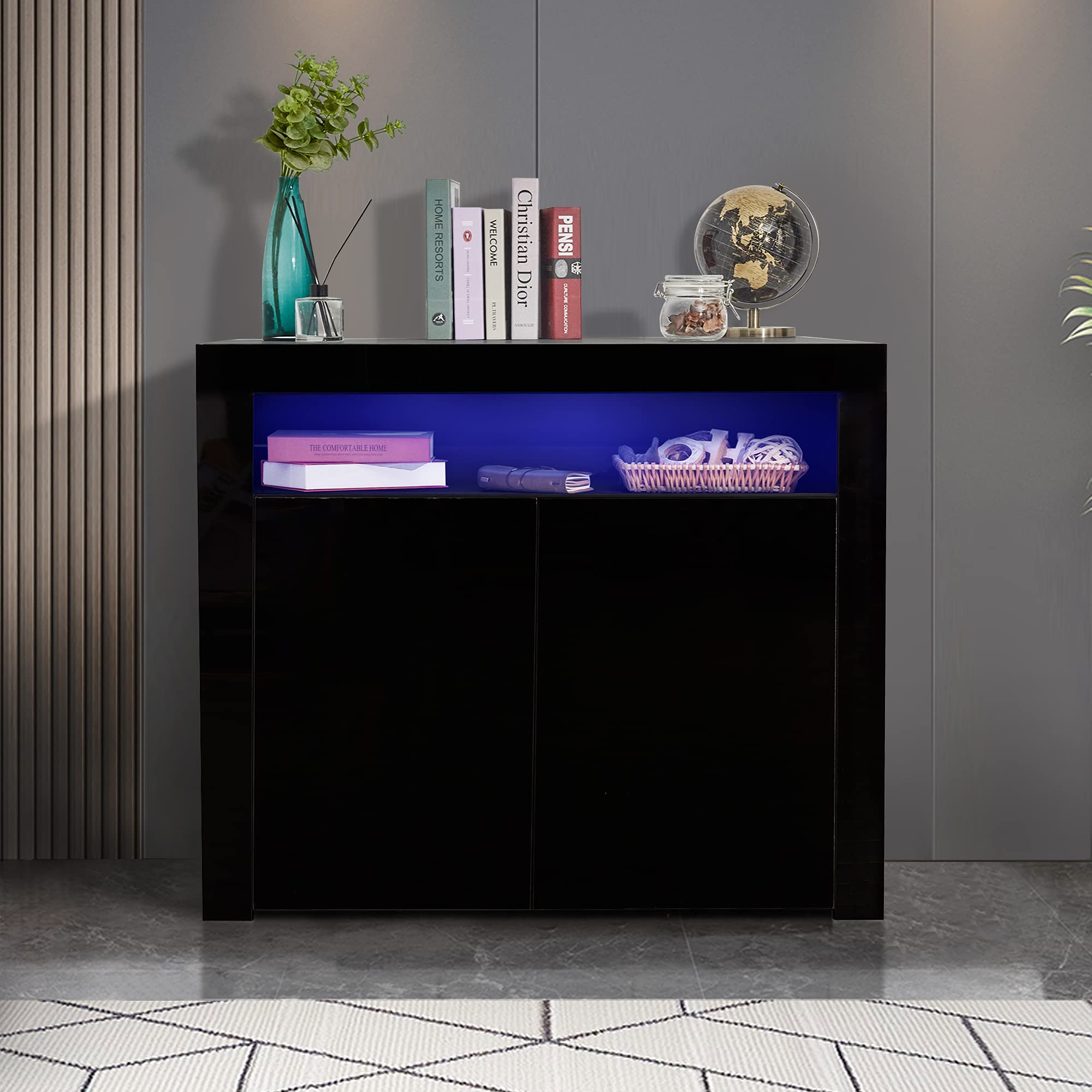 Holaki 42 Inch Modern LED Sideboard Buffet Cabinet - 2 Door 3-Tier Storage Shelf, High Gloss Kitchen Storage Cabinet for Dining Room, Entryway & Living Room - Display Cabinet & Cupboard (Black) - Perfect for Home Decor, Entertaining Guests & Organizing Dishes