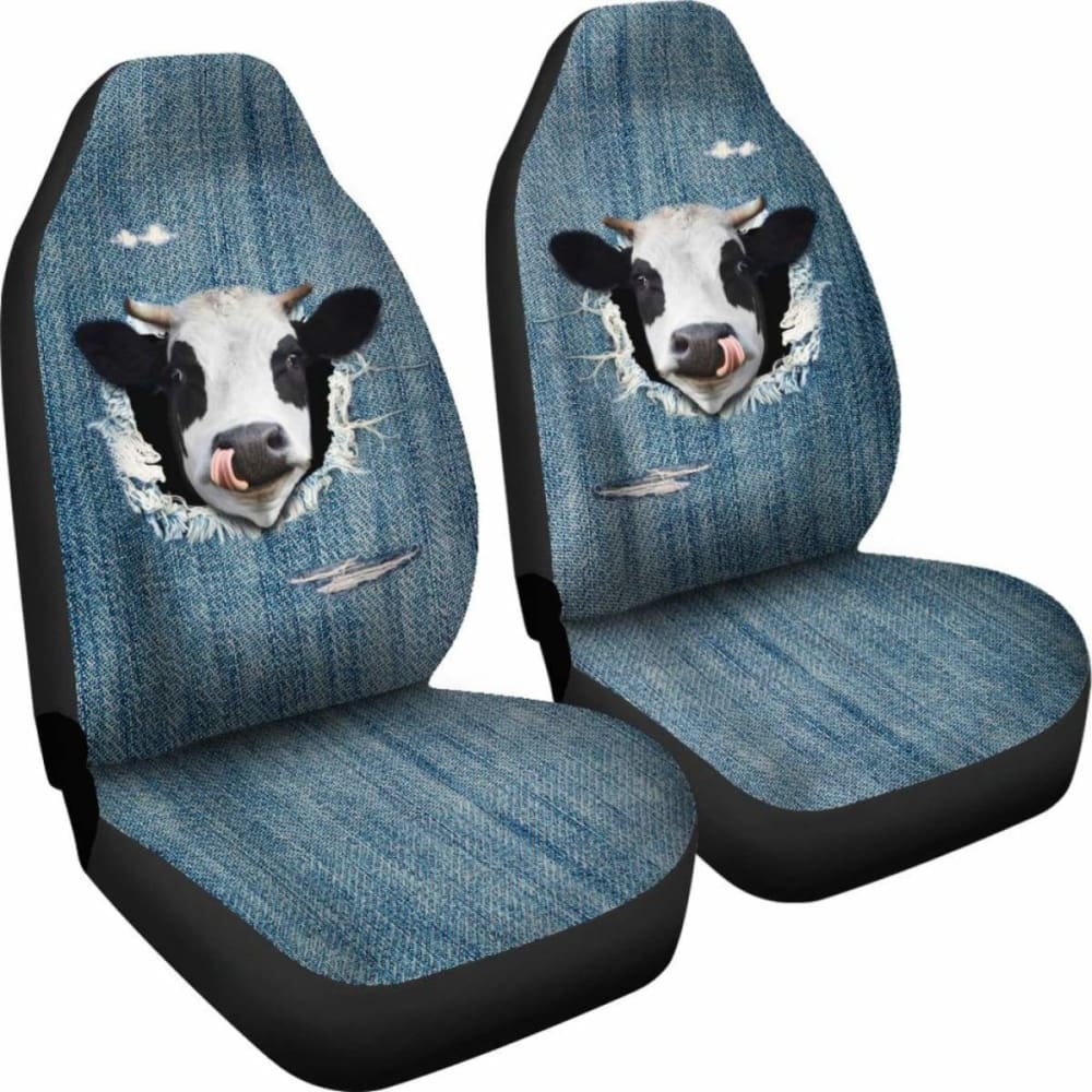 3D Cow Print Fake Denim Car Seat Covers - 2 Pack for Jeep, Truck & SUV - Waterproof & Universal Fit for Comfort & Style