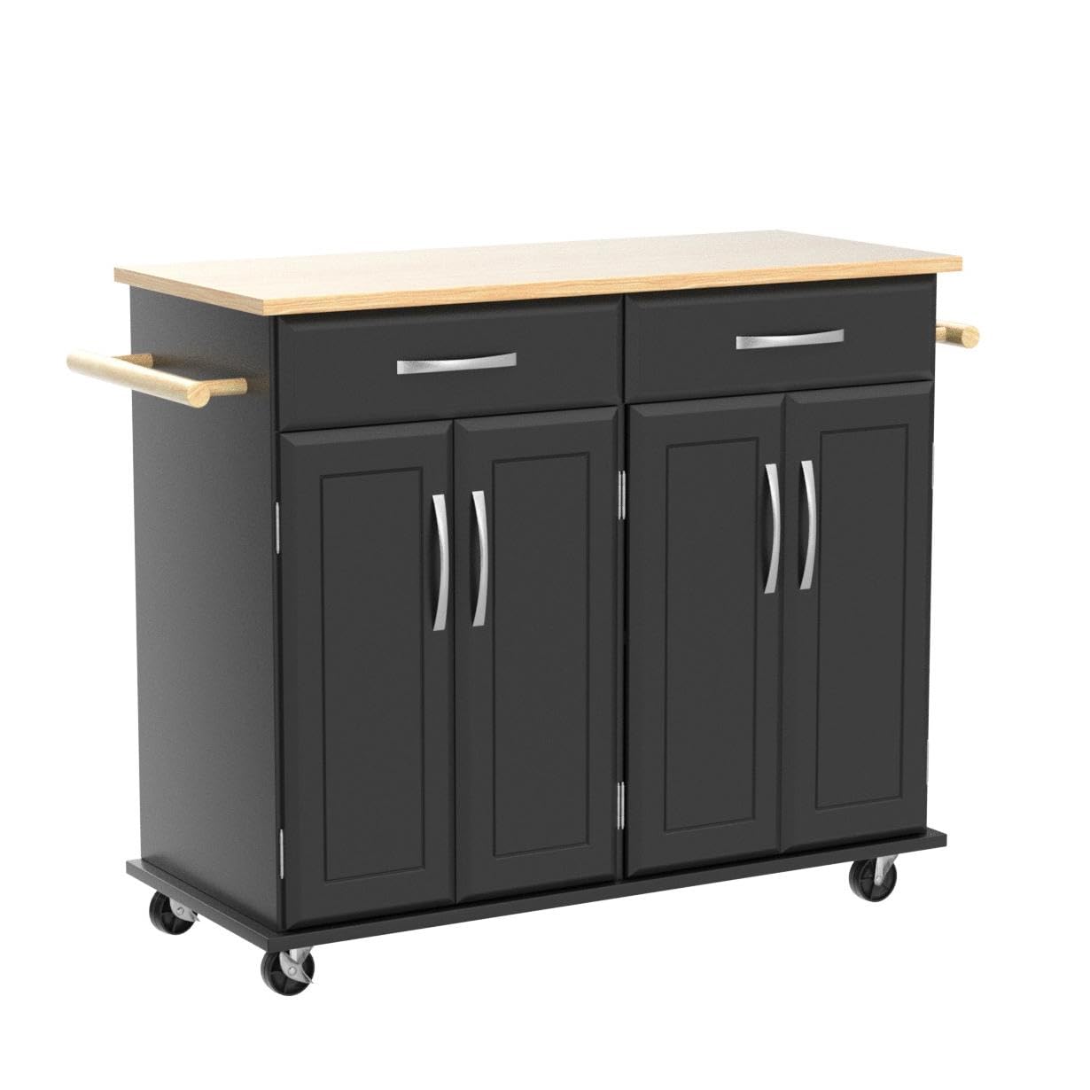 **Black Kitchen Island Cart with Storage Cabinet & Drawer - 48x18x36 Inches, Rubber Wood Top, Mobile Kitchen Island on Wheels with Towel Rack - Perfect for Small Kitchens, Dining Room Storage & Food Prep**