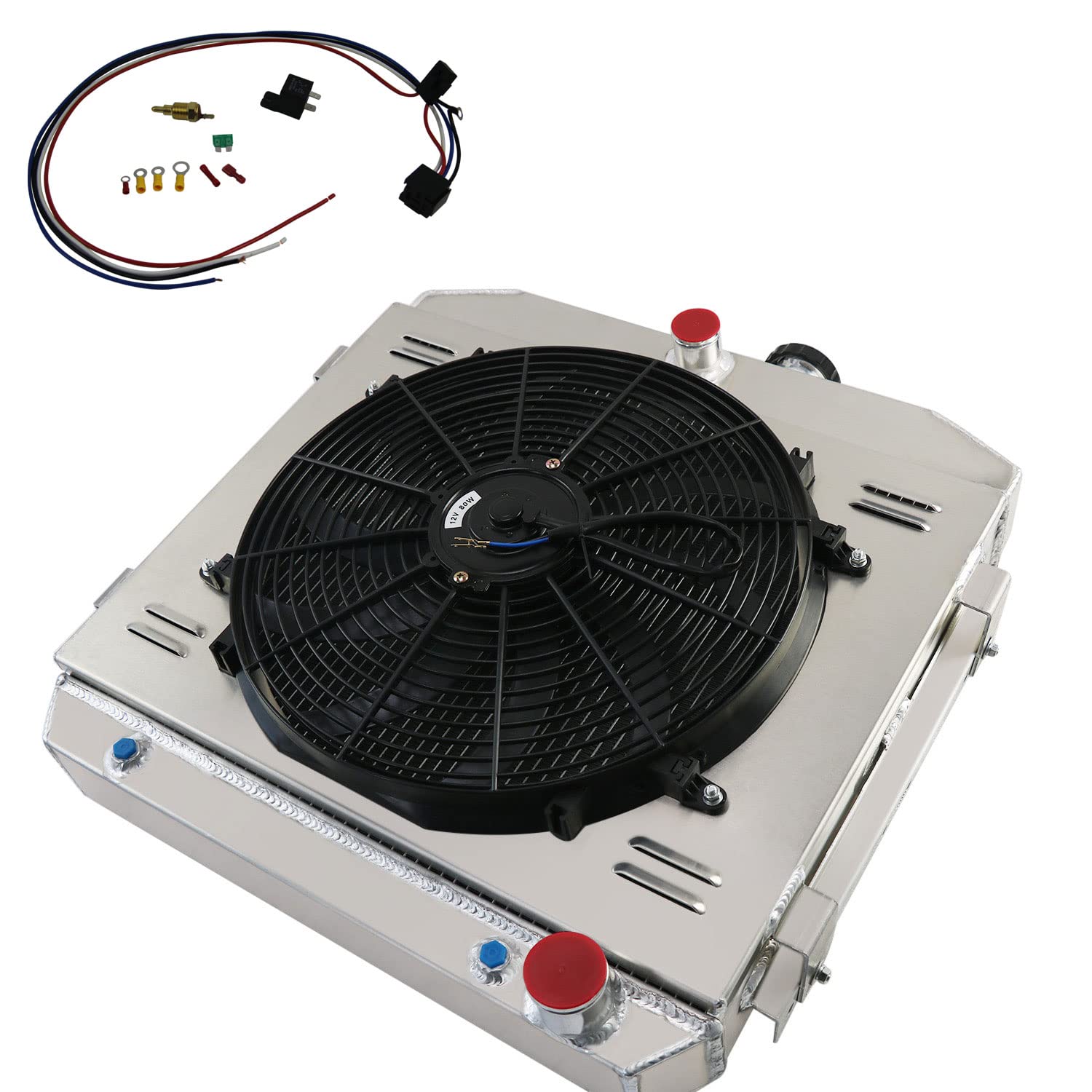 High-Performance 4 Core Aluminum Radiator with Shroud Fan & Relay Kit - Compatible with 1955-1957 Chevy Bel Air & Del Ray V8 - Easy Mounting & US Shipping - Perfect for Classic Car Restoration & Hot Rod Upgrades