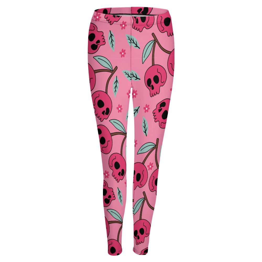 Cherry Skull Print Leggings for Women - Gothic Fashion Workout Yoga Pants - Perfect for Halloween, Cosplay & Streetwear
