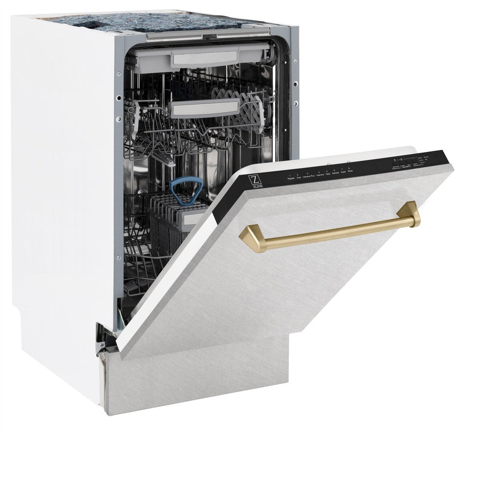 ZLINE Autograph Edition 18-inch Built-In Dishwasher with Satin Stainless Steel Panel & Champagne Bronze Handle - 51dBa Ultra Quiet - Tallac Series 3rd Rack Top Control (DWVZ SN 18 CB) - Perfect for Modern Kitchens and Open-Concept Homes