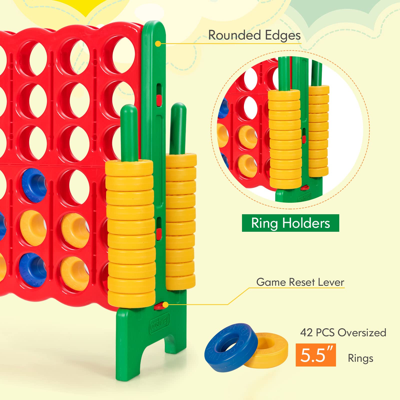 HONEY JOY Jumbo 4-to-Score Giant Connect 4 Game Set - 42 Oversized Rings with Quick-Release Slider | 3.5FT Tall Outdoor Yard Game for Family, Kids & Adults | Perfect for Backyard Parties, Picnics & Summer Gatherings