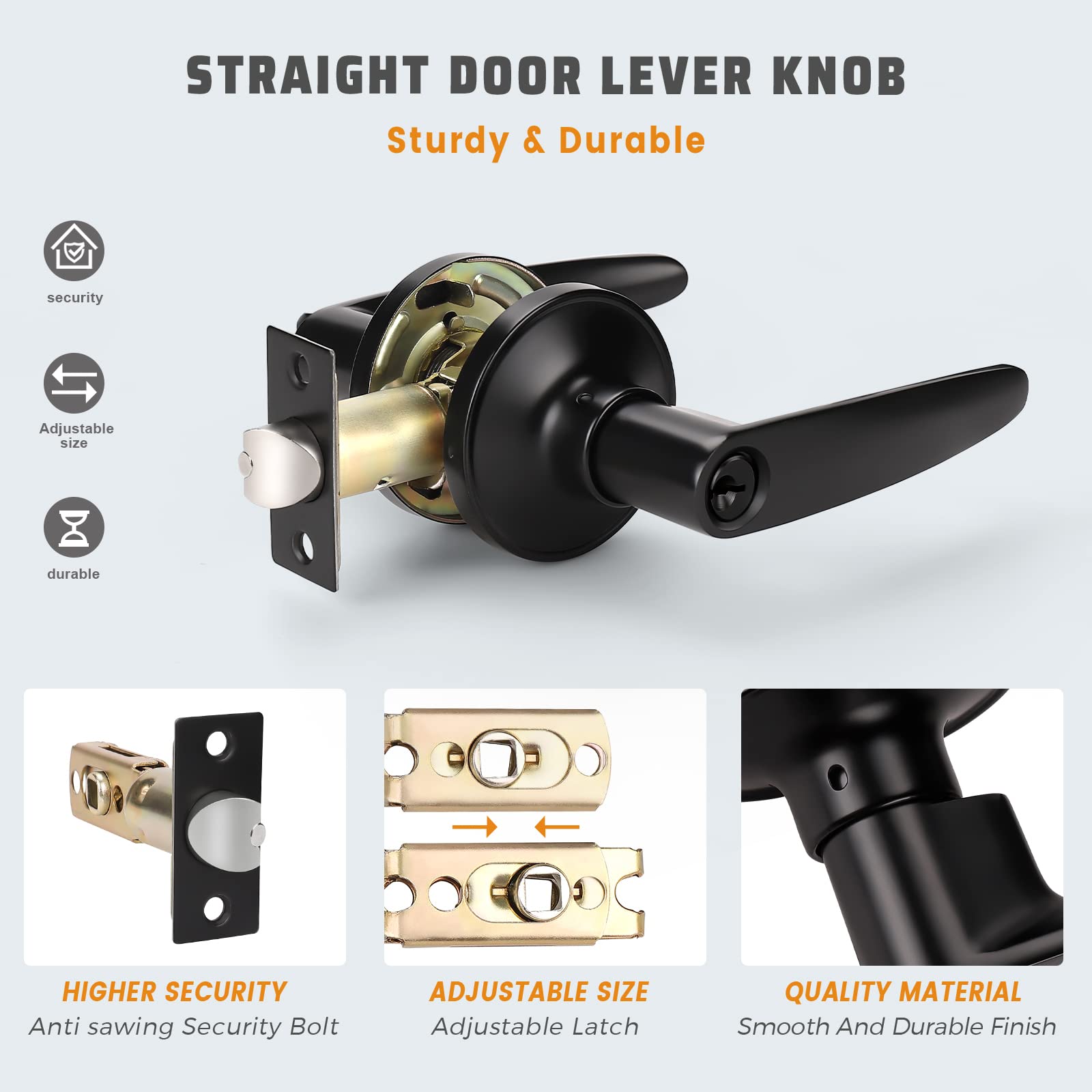 KNOBWELL 2 Pack Matte Black Exterior Door Handle Set - Keyed Alike Entry Lever Handles with One Keyway for Front Doors, Gates & Home Security - Durable & Stylish Hardware for Modern Homes