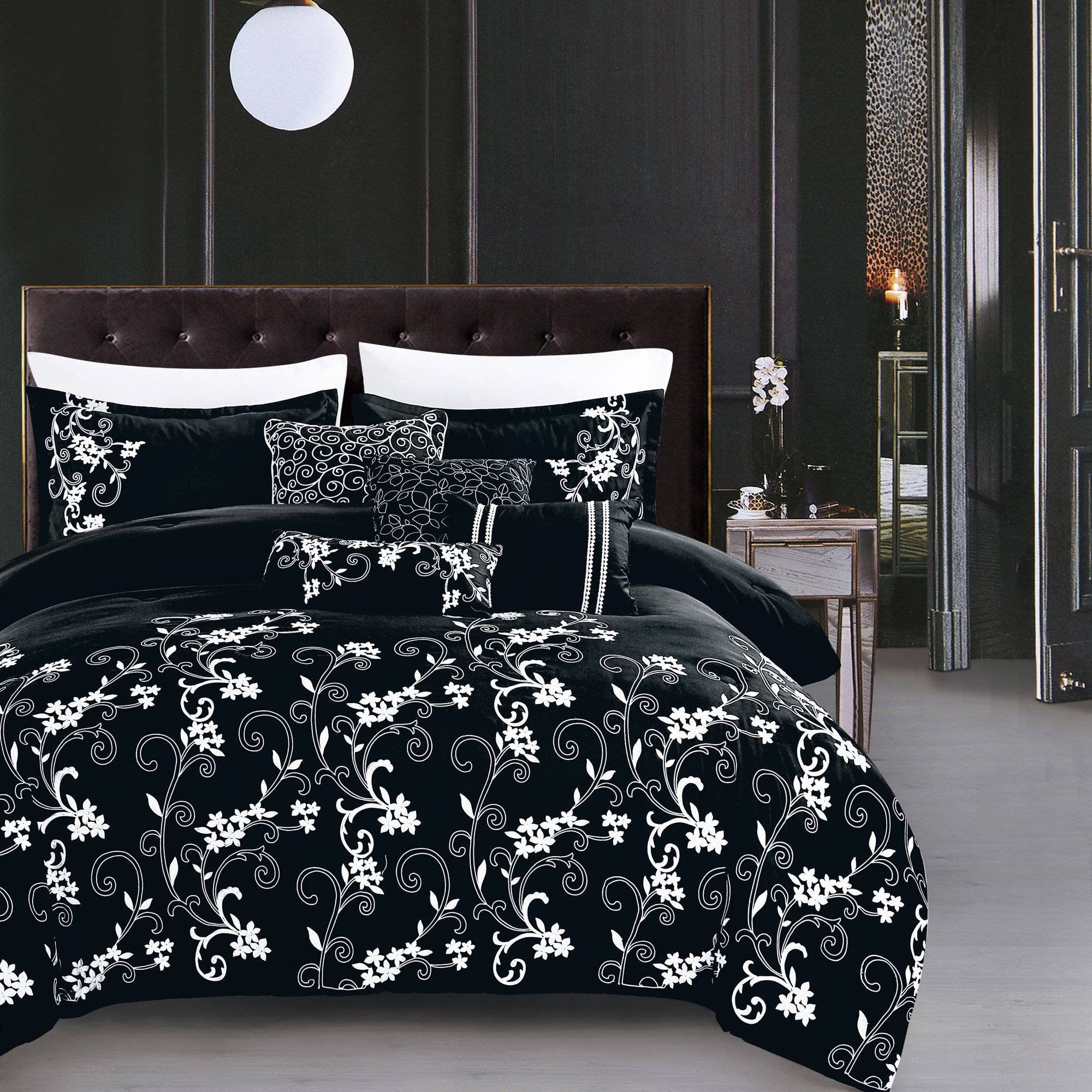 Kimana Contemporary Floral Black Comforter Set - 7 Piece Queen Size Bedding for Modern Bedroom Decor | Soft & Stylish Duvet Cover Set with Pillow Shams