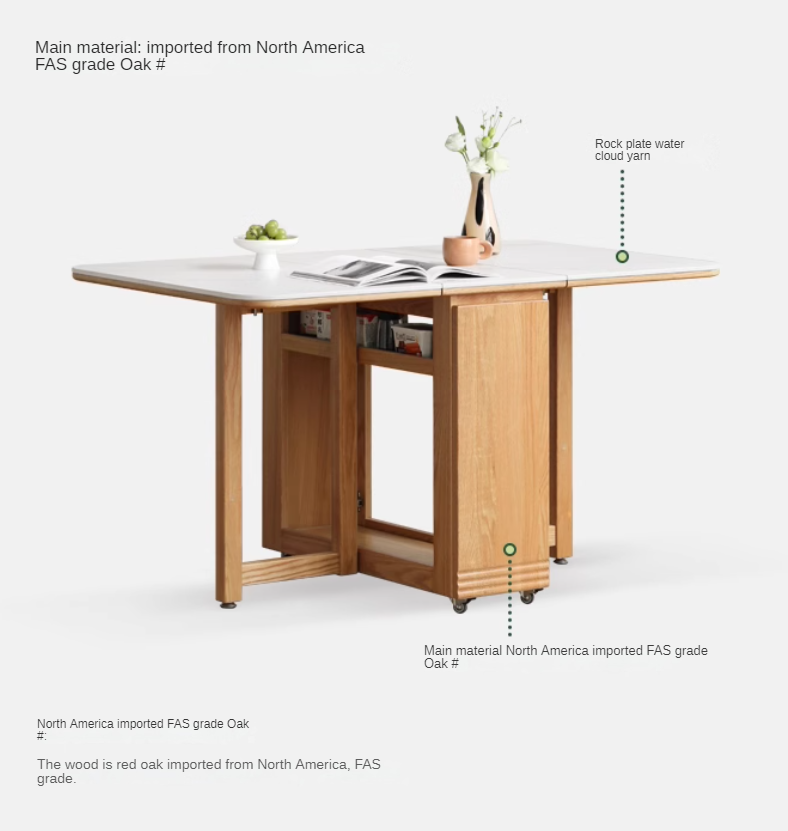 Solid Oak Wood Modern Rock Slab Folding Dining Table - Extendable Space-Saving Design for Small Apartments, Kitchens & Outdoor Dining
