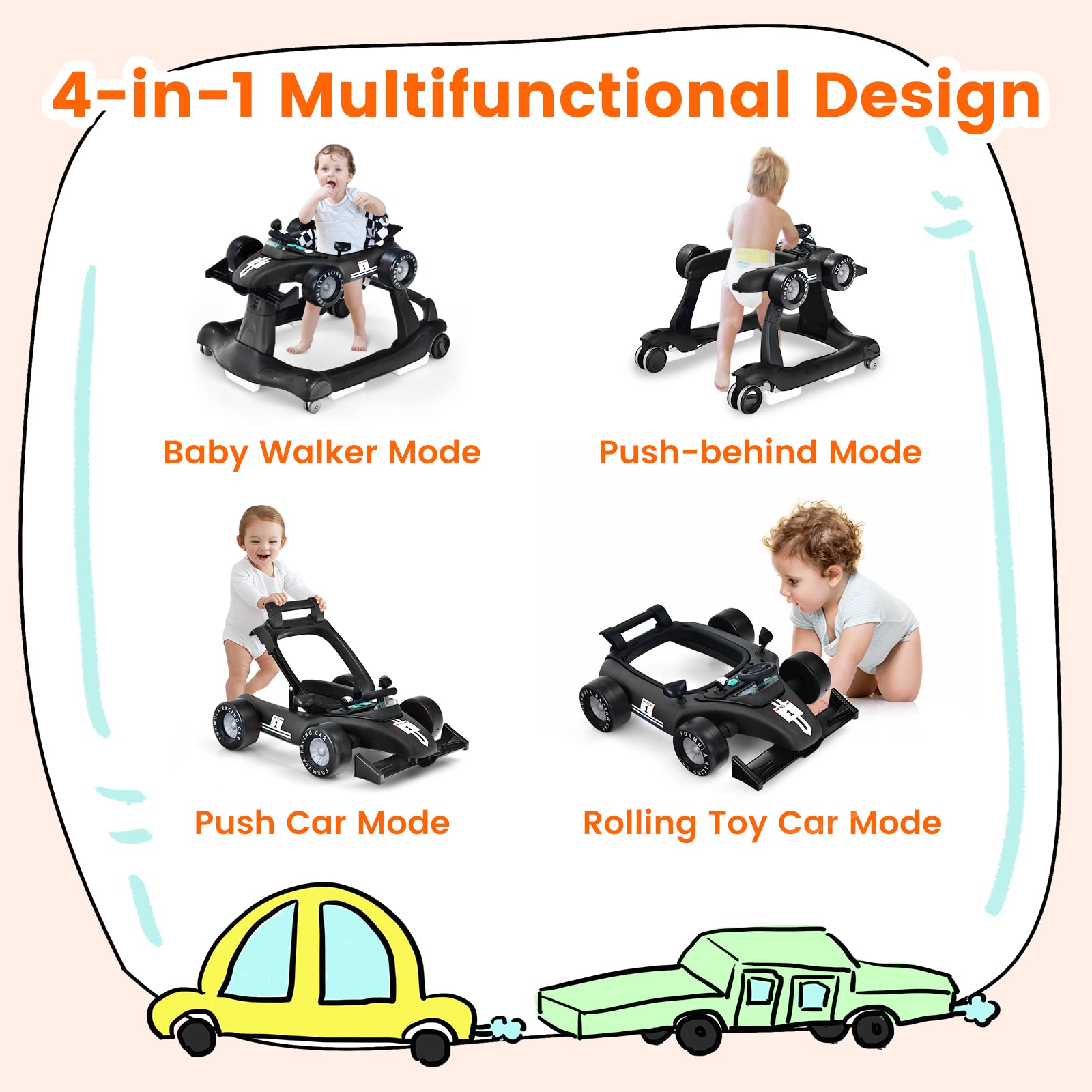 HONEY JOY 4-in-1 Baby Walker with Adjustable Height & Speed | Foldable Push Walker with Music, Lights & Padded Seat | Smooth Wheels for Boys & Girls 6+ Months (Black) | Perfect for Learning to Walk & Indoor Playtime