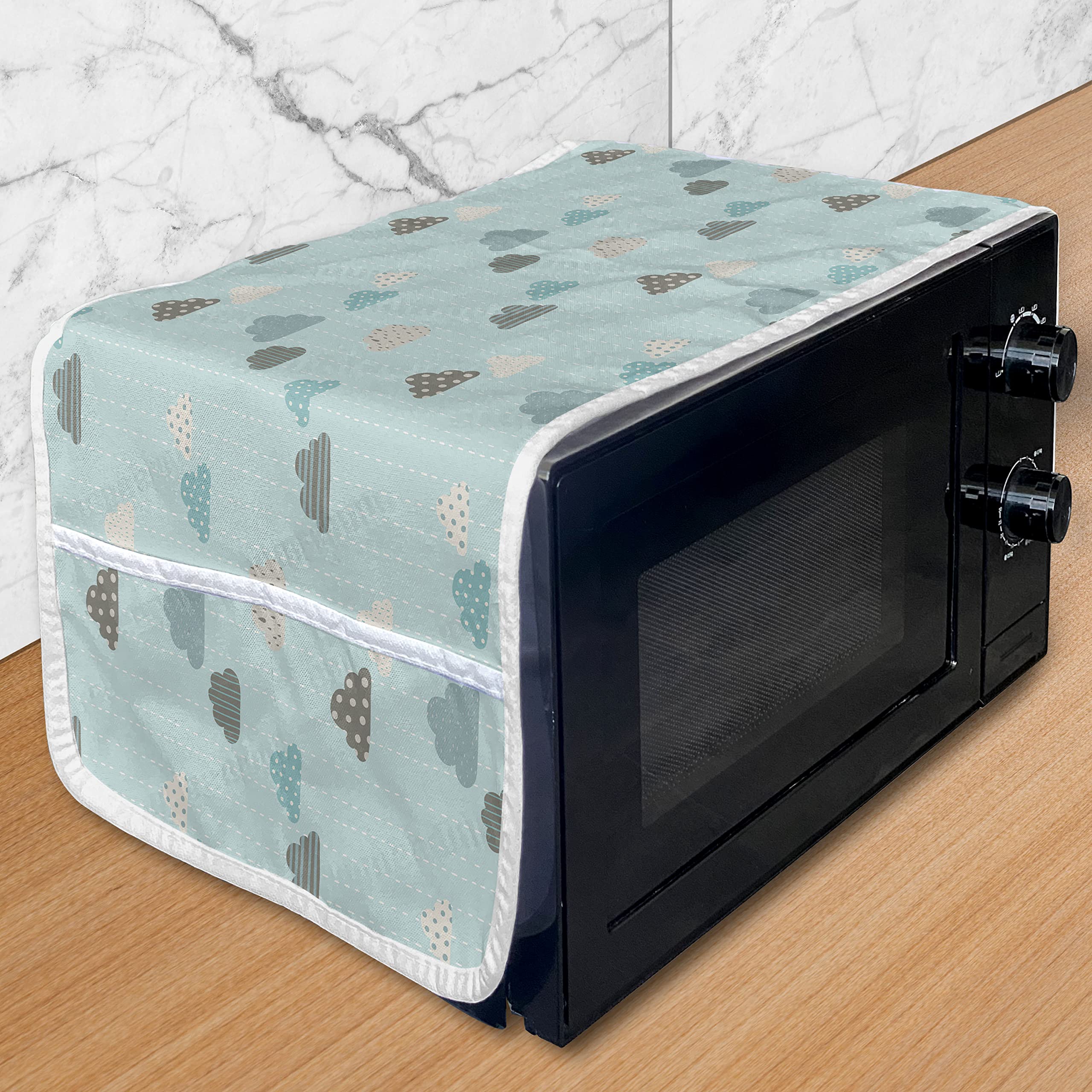 Ambesonne Waterproof Microwave Cover - Blue Sky Clouds with Polka Dots & Stripes Design, 36
